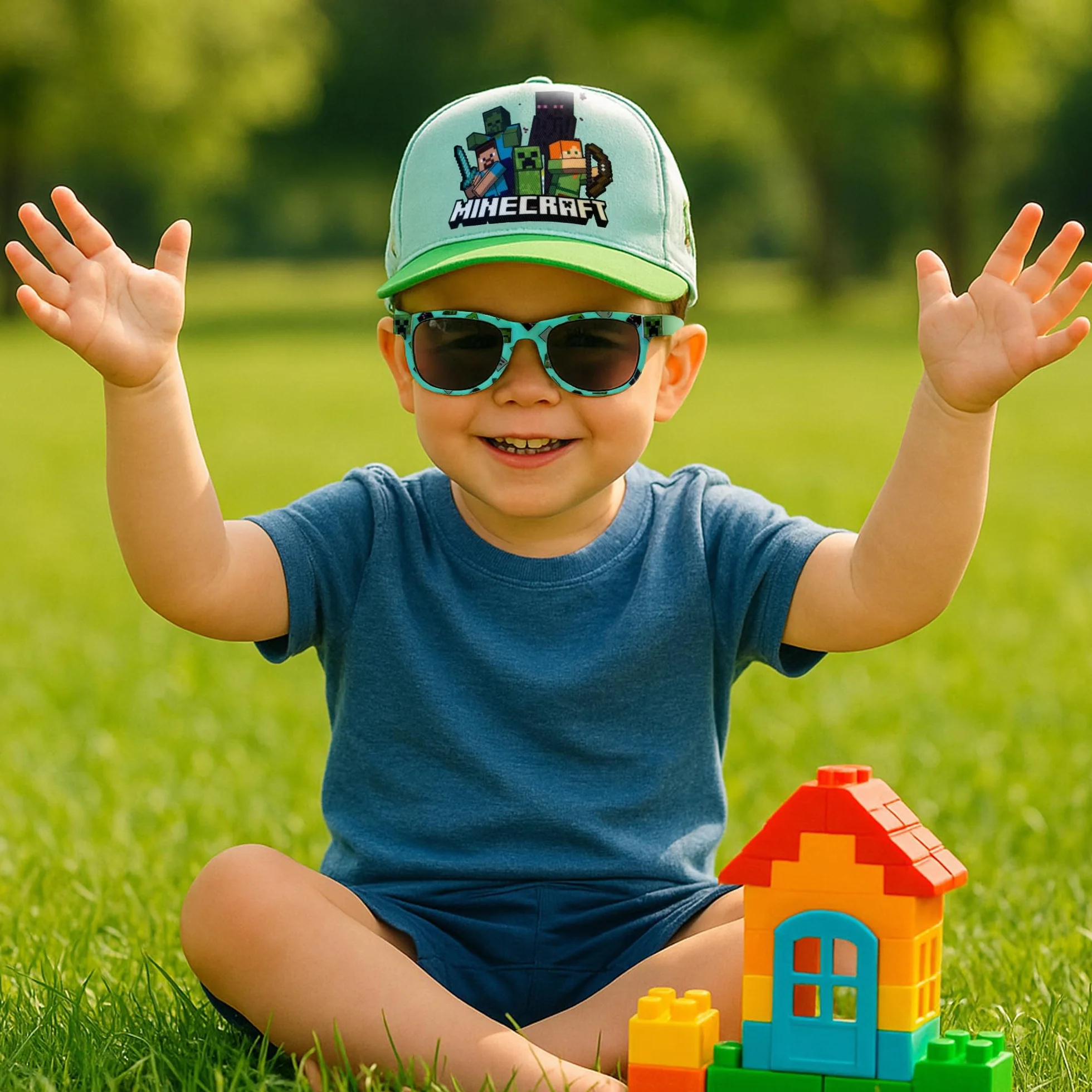 Toys & Gamers Czapka Minecraft i bezpłatny zestaw okularów przeciwsłonecznych, jasnoniebieski i zielony, akcesoria postaci dla dzieci