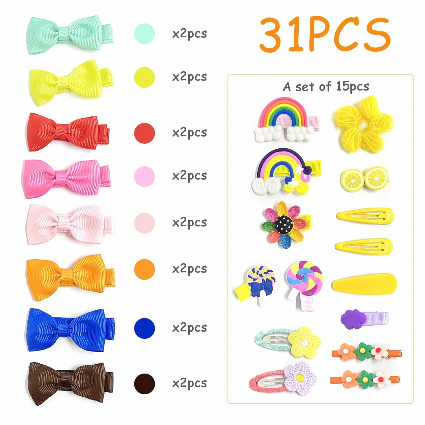 Zestaw 30 spinek do włosów dla dzieci, 16 małych kokardek / 14 tęczowych żółtych spinek do włosów, mini spinki do włosów, małe spinki do włosów dla niemowląt, małe dzieci