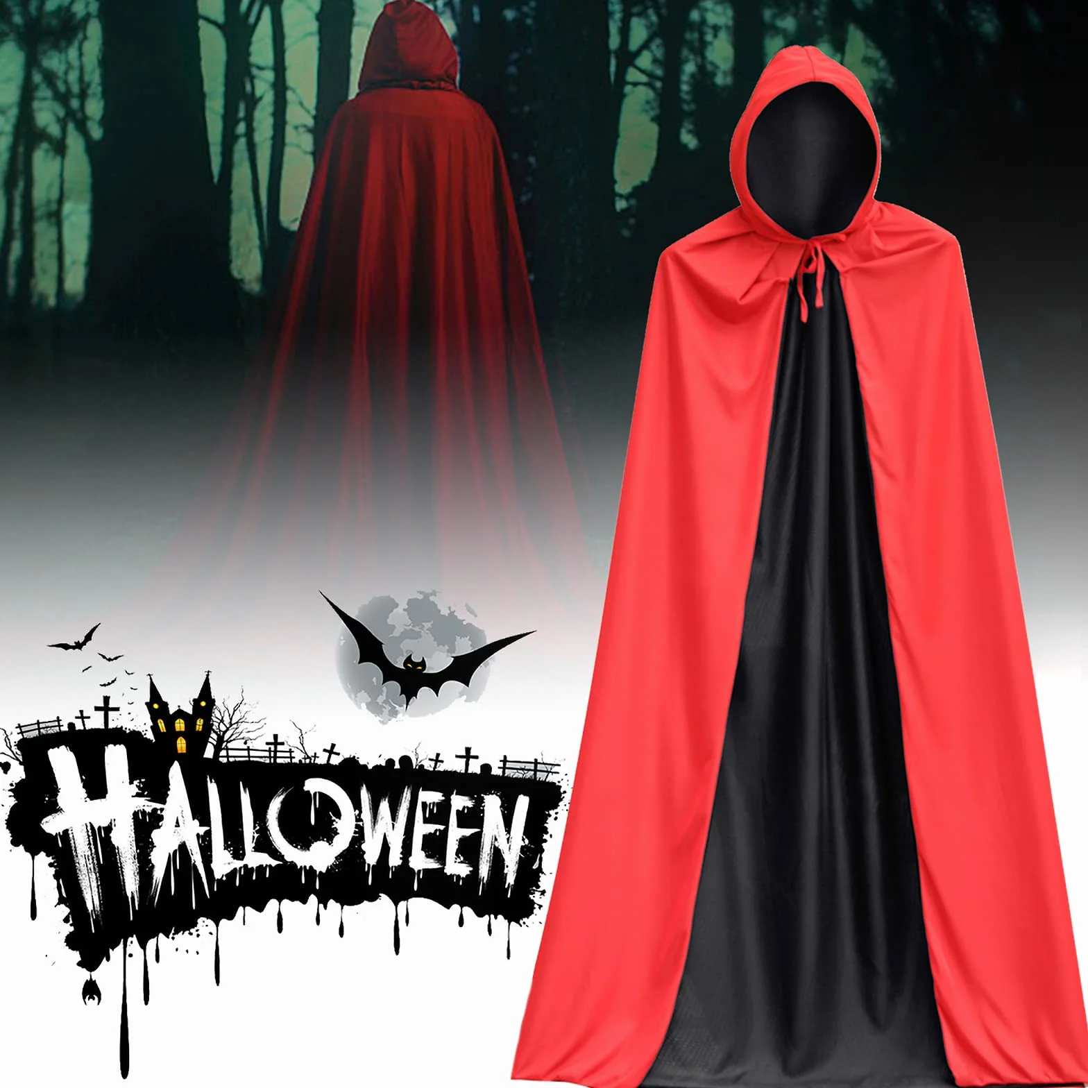 Peleryna Wampira dla Kobiet i Mężczyzn - Dwustronna Peleryna na Halloween dla Dorosłych - Kostium na Halloween, Kostium Wampira, Kostium Horror, Tematyczna Impreza Halloween (150 cm)