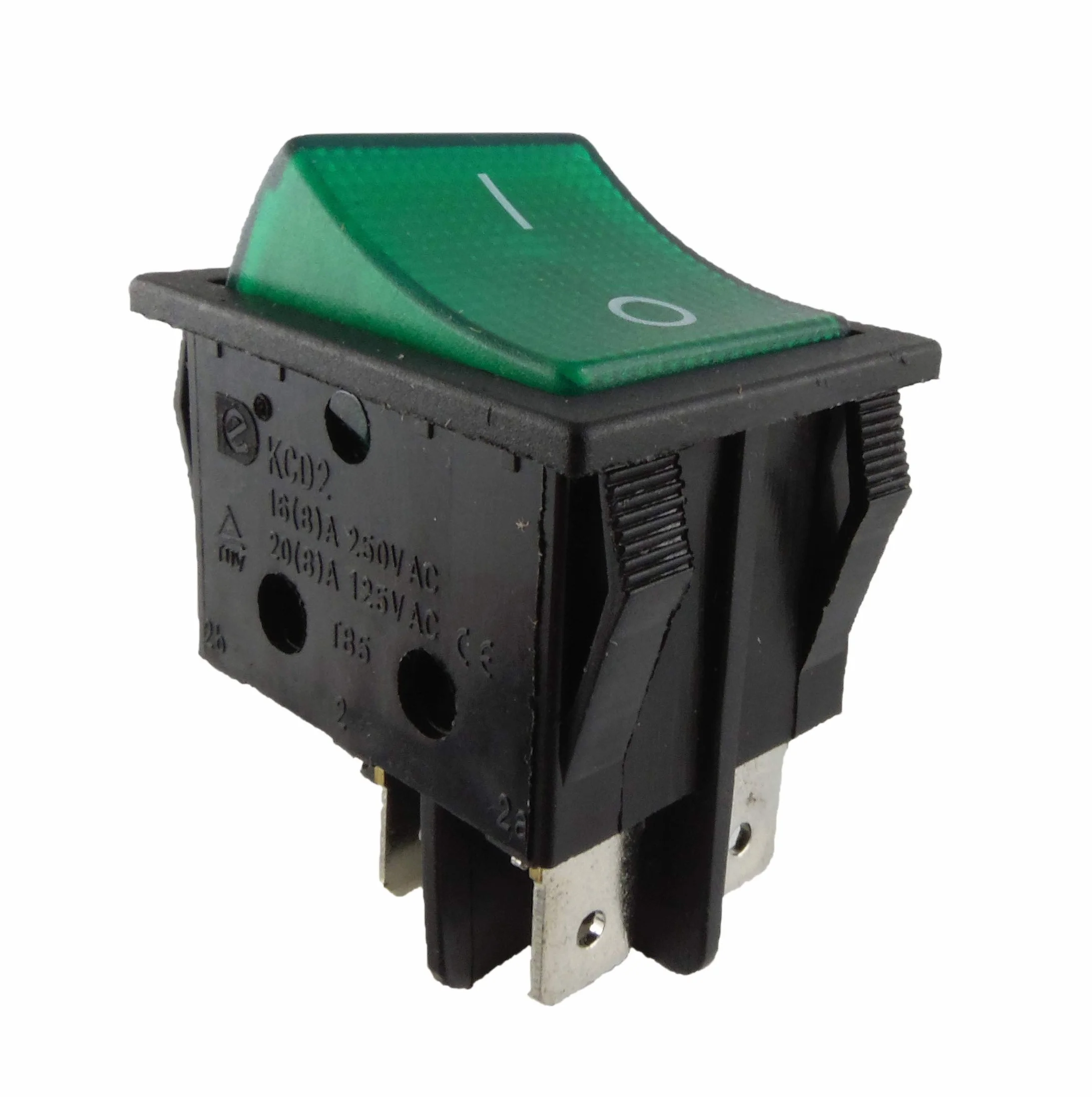 Włącznik kołyskowy, 2-biegunowy, 4-pin, 16 A, 250 V, 28,5 x 21,9 mm, zielony, z oświetleniem