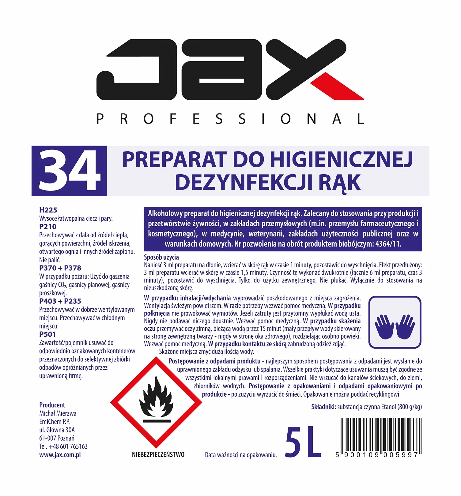 34 5L - PŁYN DO HIGIENICZNEJ DEZYNFEKCJI RĄK, skuteczna dezynfekcja rąk, dezynfekujący płyn do rąk, do chirurgicznej dezynfekcji rąk