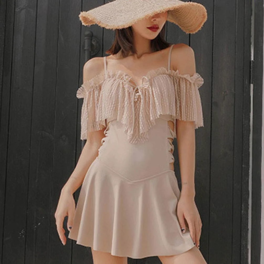 Dwuczęściowy strój kąpielowy damski jednoczęściowy kostium kąpielowy w stylu vintage z odkrytymi ramionami i marszczonymi kostiumami kąpielowymi Bikini Set (niebieski XL)