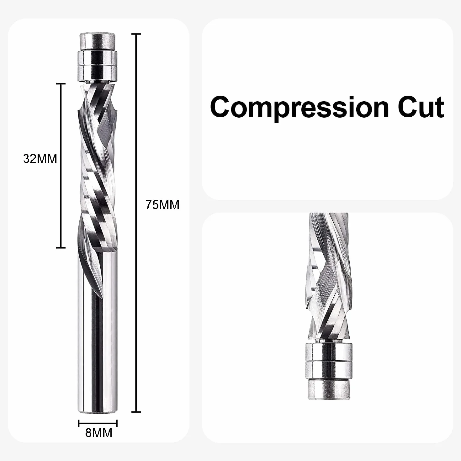 SpeTool Up&Down frez z podwójnym łożyskiem - 8 mm średnica nasadki, długość cięcia 32 mm - spiralna twarda metalowa kompresja rowkowa do drewna