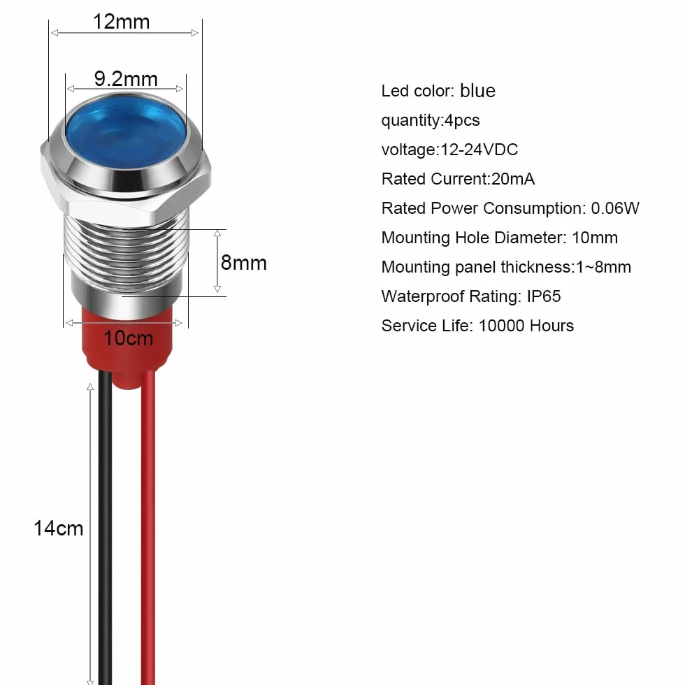 GUUZI 10mm Lampka Kontrolna LED 12-24V Wodoodporna Lampka Sygnalizacyjna Panel Metalowy Wskaźnik LED Lampka Sygnalizacyjna Mocowanie Panelu Głowica Płaska z Przewodami Srebrny Skorupa(Niebieski,4szt)