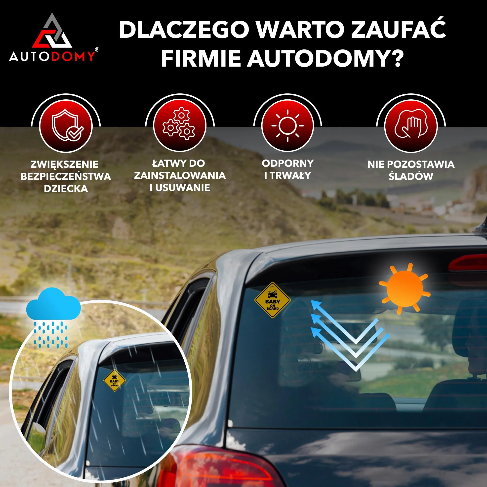 Autodomy Naklejka Dziecko na Pokładzie Zestaw 2 sztuki | Naklejki Baby On Board 10x10 cm | Widoczna z Dużej Odległości | Łatwa Aplikacja (Do Użytku Zewnętrznego)
