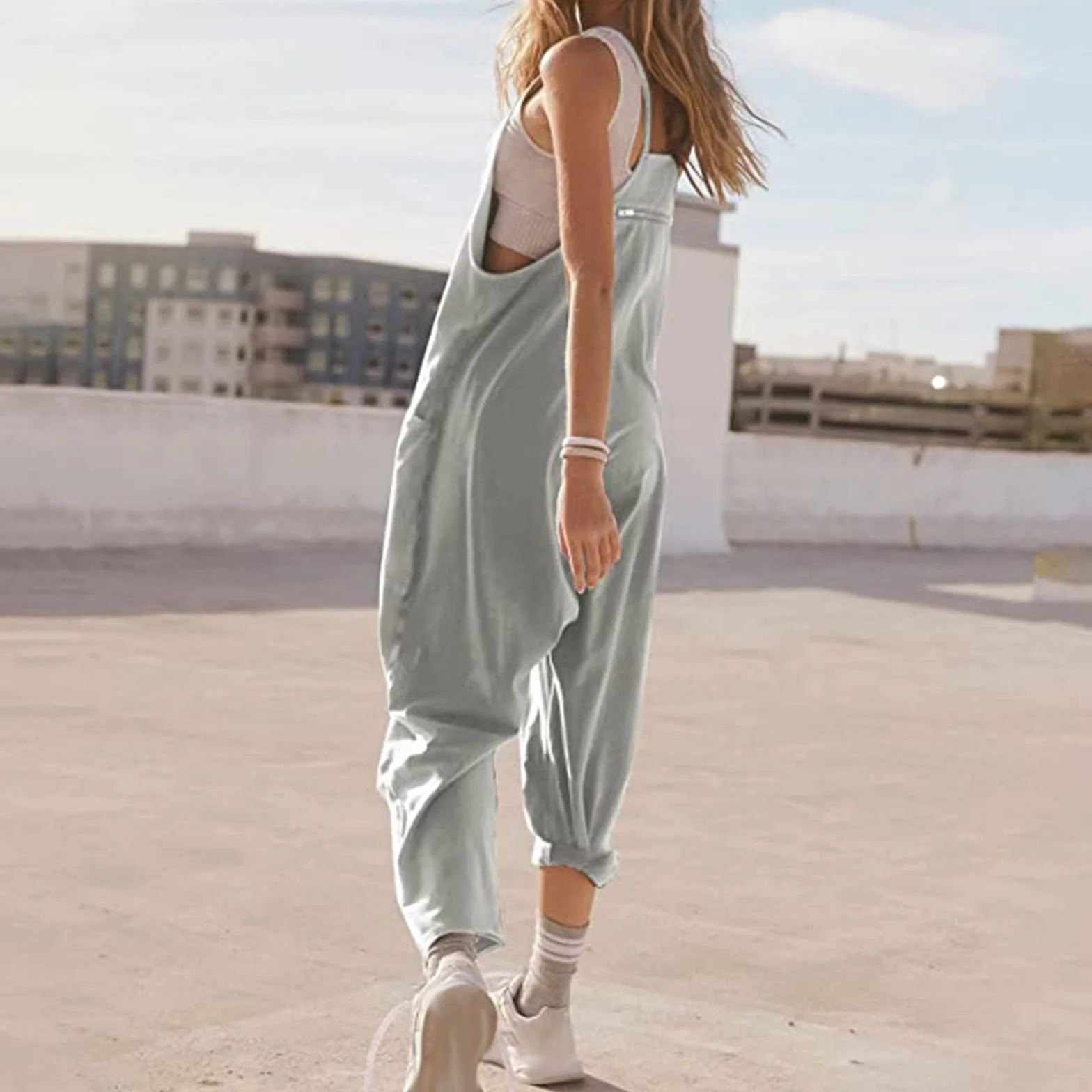 Damskie Ogrodniczki Letni Kombinezon Baggy Oversize Casual Luźne Spodnie Na Szelkach Kombinezony Kombinezon Bez Rękawów Z Dużymi Kieszeniami Spodnie Robocze
