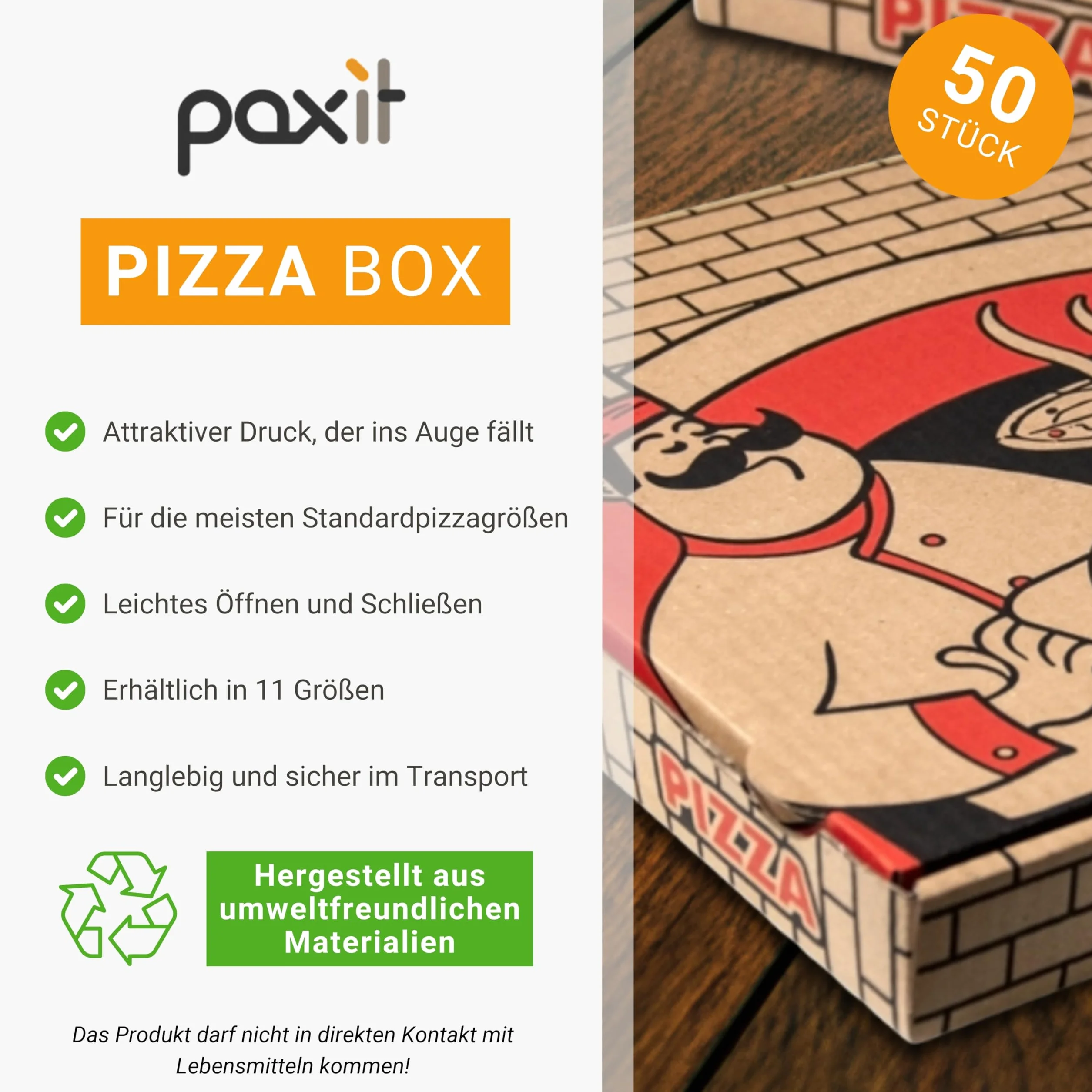 Paxit - pudełko na pizzę 50 sztuk, karton na pizzę 350x350x40 mm z nadrukiem, 3-warstwowe, gramatura pudełka: 395 g/m2, dziurkowane opakowanie do transportu pizzy, karton do pizzy fala B