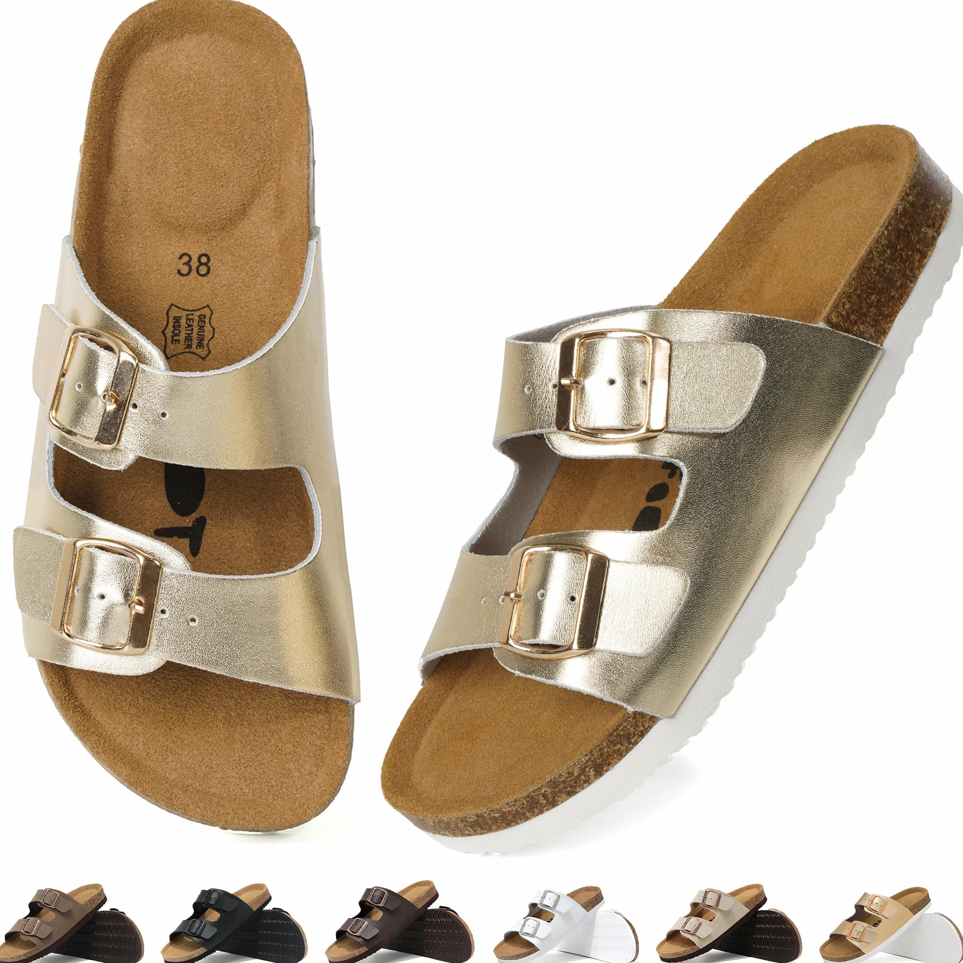 Wizshoe Damskie Skórzane Klapki Z Korkową Podeszwą Pianką Gr.36-42 | Pamięciową Regulowanymi Klamrami Obuwie Plażowe Domowe