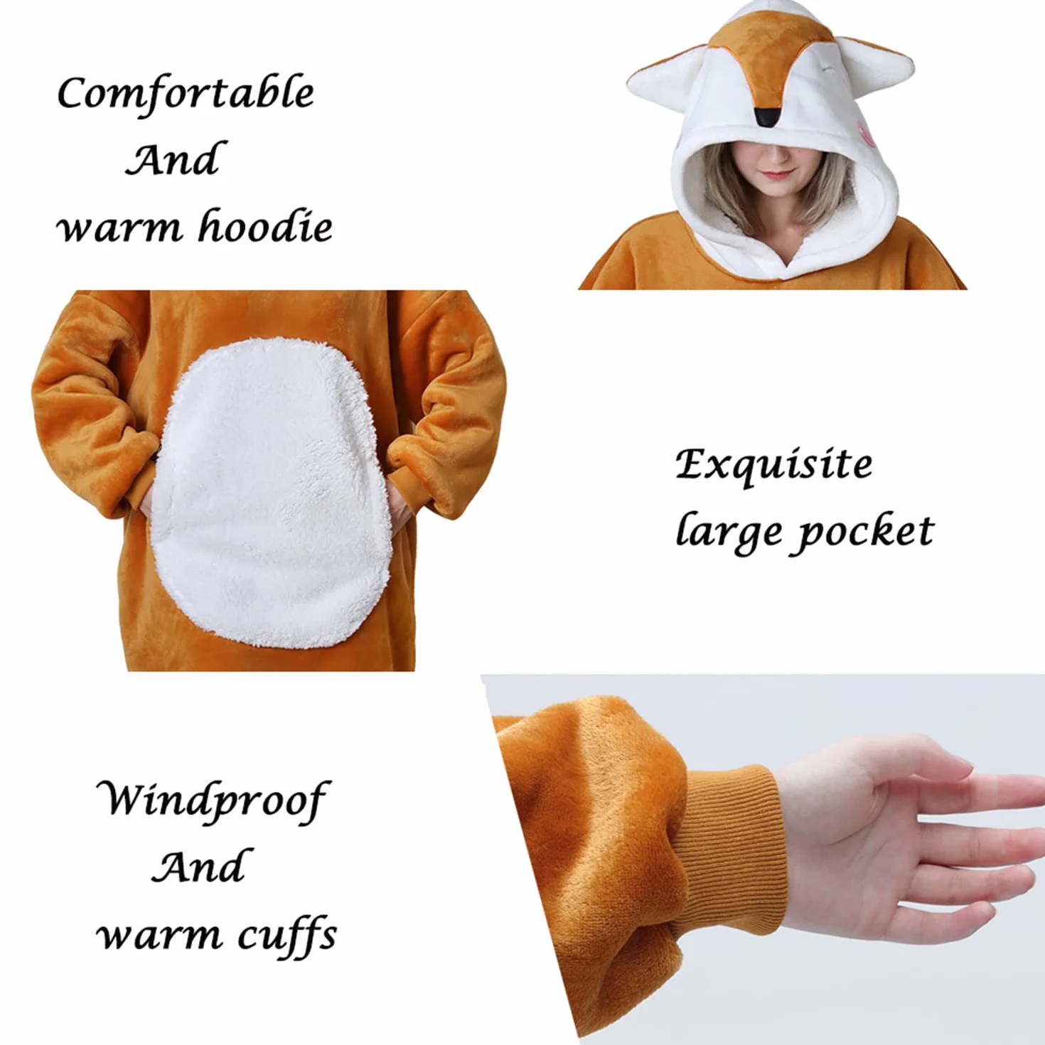 Bluza z kapturem z motywem lisa, ponadwymiarowa bluza Sherpa wygodna bluza dla dorosłych kobiet dziewcząt, ciepły przytulny zwierzęcy koc z kapturem pomarańczowy