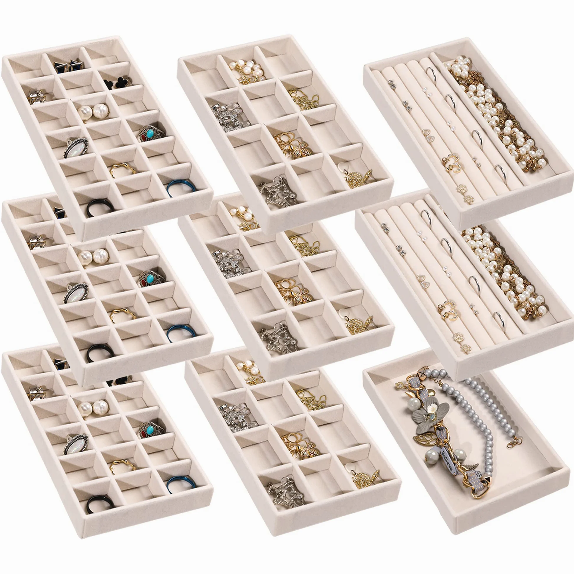 Frebeauty Jewelry Organizer Tray,Stackable Velvet Jewelry Trays,Drawer Inserts Earring Organizer For Women Jewelry Storage Display Case for Rings Stud Necklaces,Set of 9(Beige)