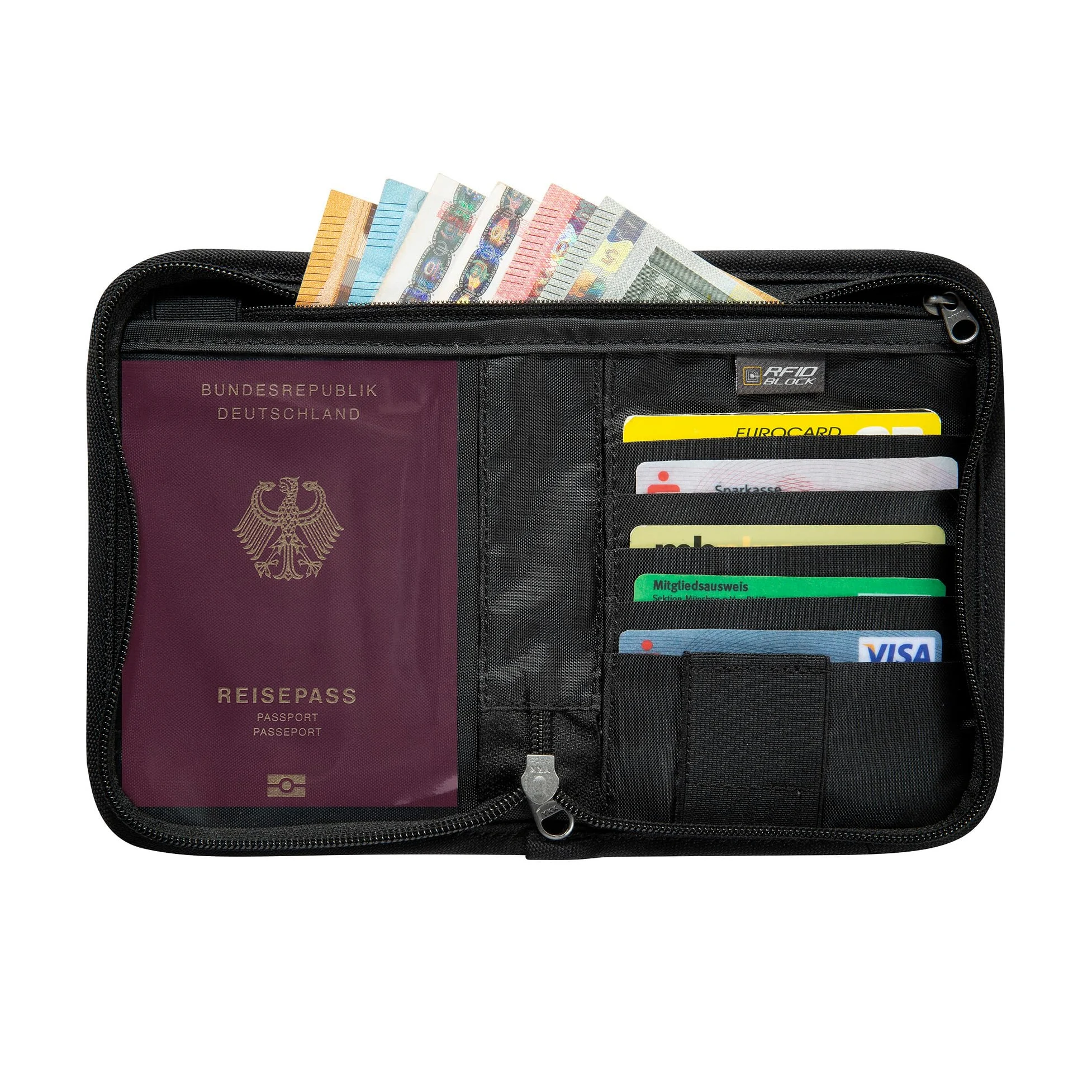 Tatonka Travel Zip M RFID Block - Reisebörse/Reisepasshülle RFID-Blocker - Certyfikat TÜV - Bietet Platz für Reisepass, Kreditkarten und Reisedokumente, Czarny, 17 x 12 x 3 cm, Portfel z blokadą RFID