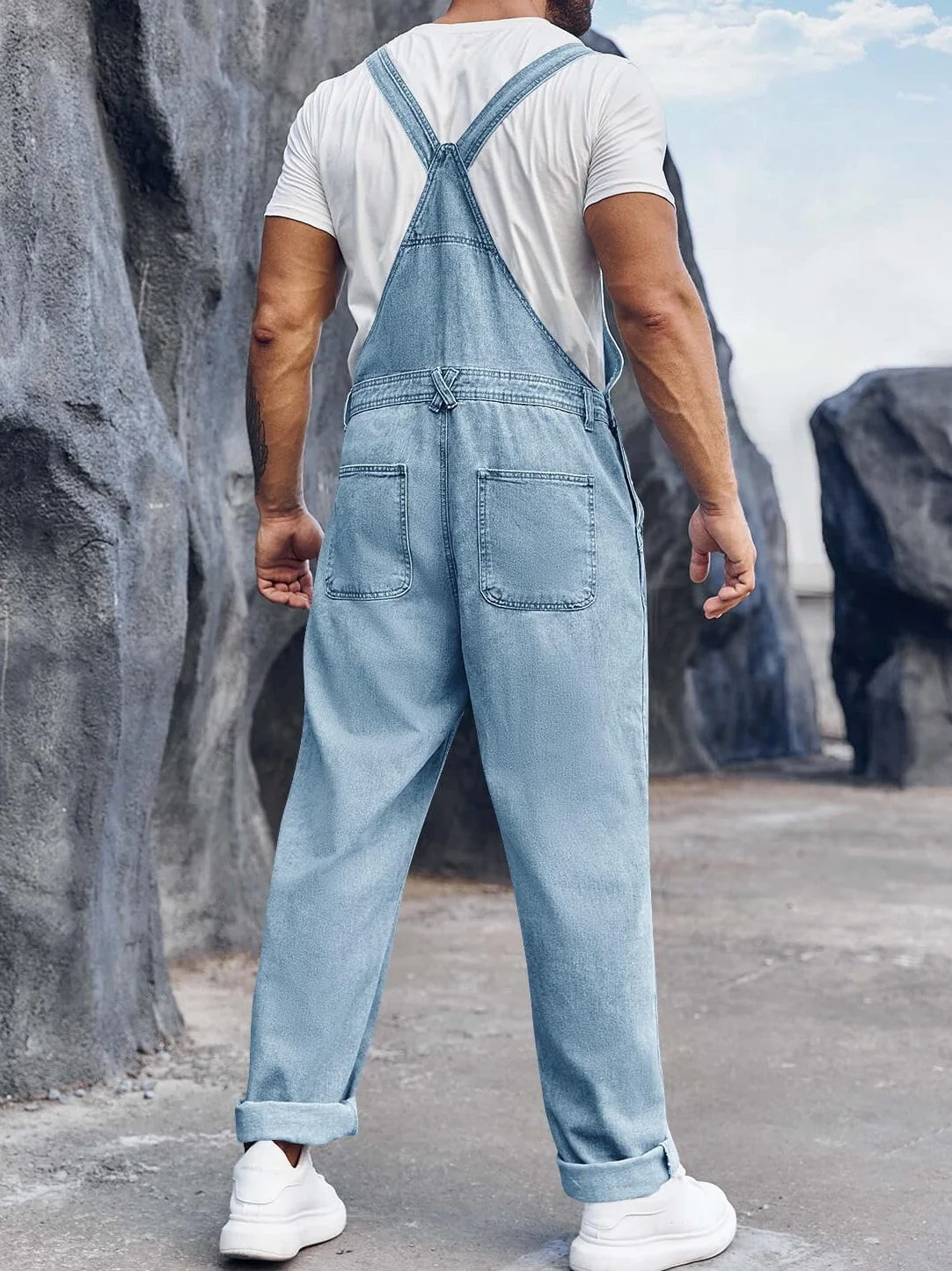 Runcati Męskie spodnie ogrodniczki jeansowe robocze na lato Streetwear regulowane ramiączka kombinezon