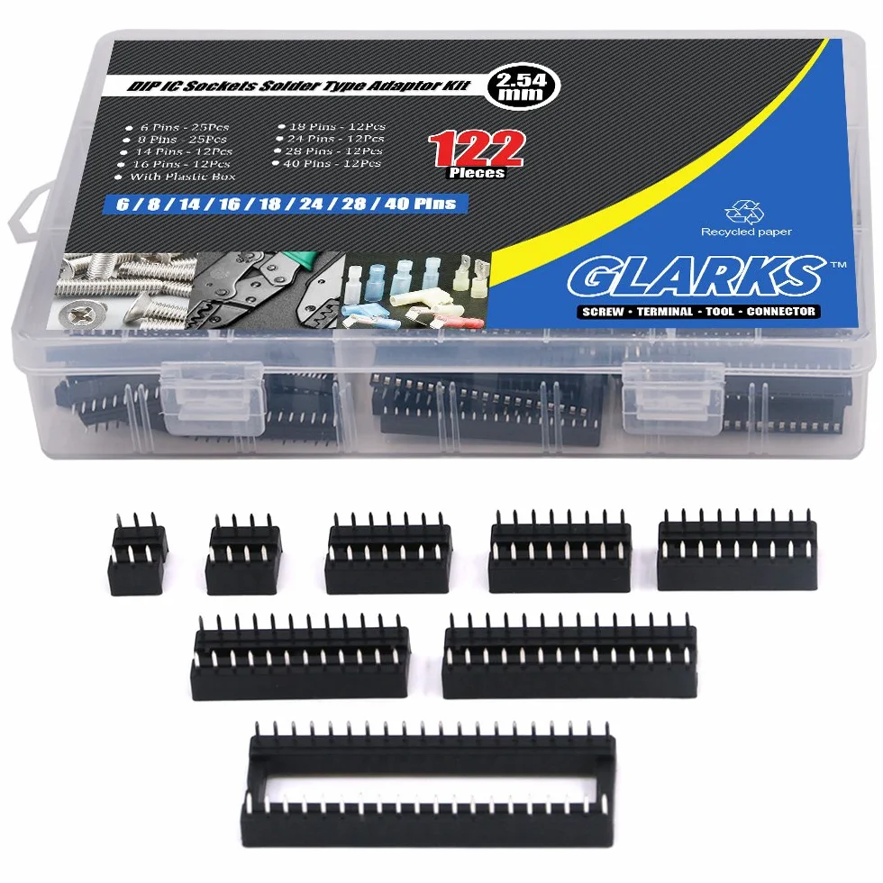 Glarks 122 szt. 2,54 mm Pitch DIP IC gniazda wtykowe adapter typu lutowania zestaw asortyment (6 / 8 / 14 / 16 / 18 / 24 / 28 / 40 pinów)