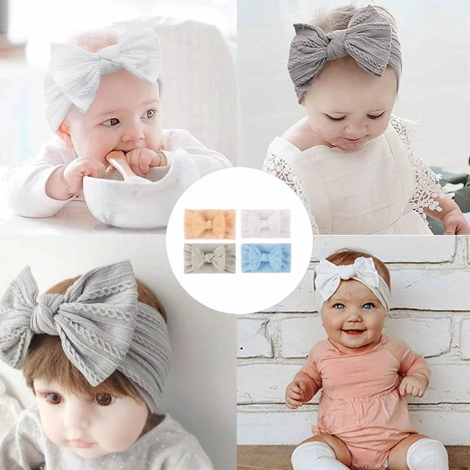 4 Kawałki Baby Hairband, Nylonowe Elastyczne Opaski do Włosów, Opaski dla Dzieci, Ręcznie Robione Opaski z Kokardkami, dla Dzieci, Niemowląt i Małych Dzieci