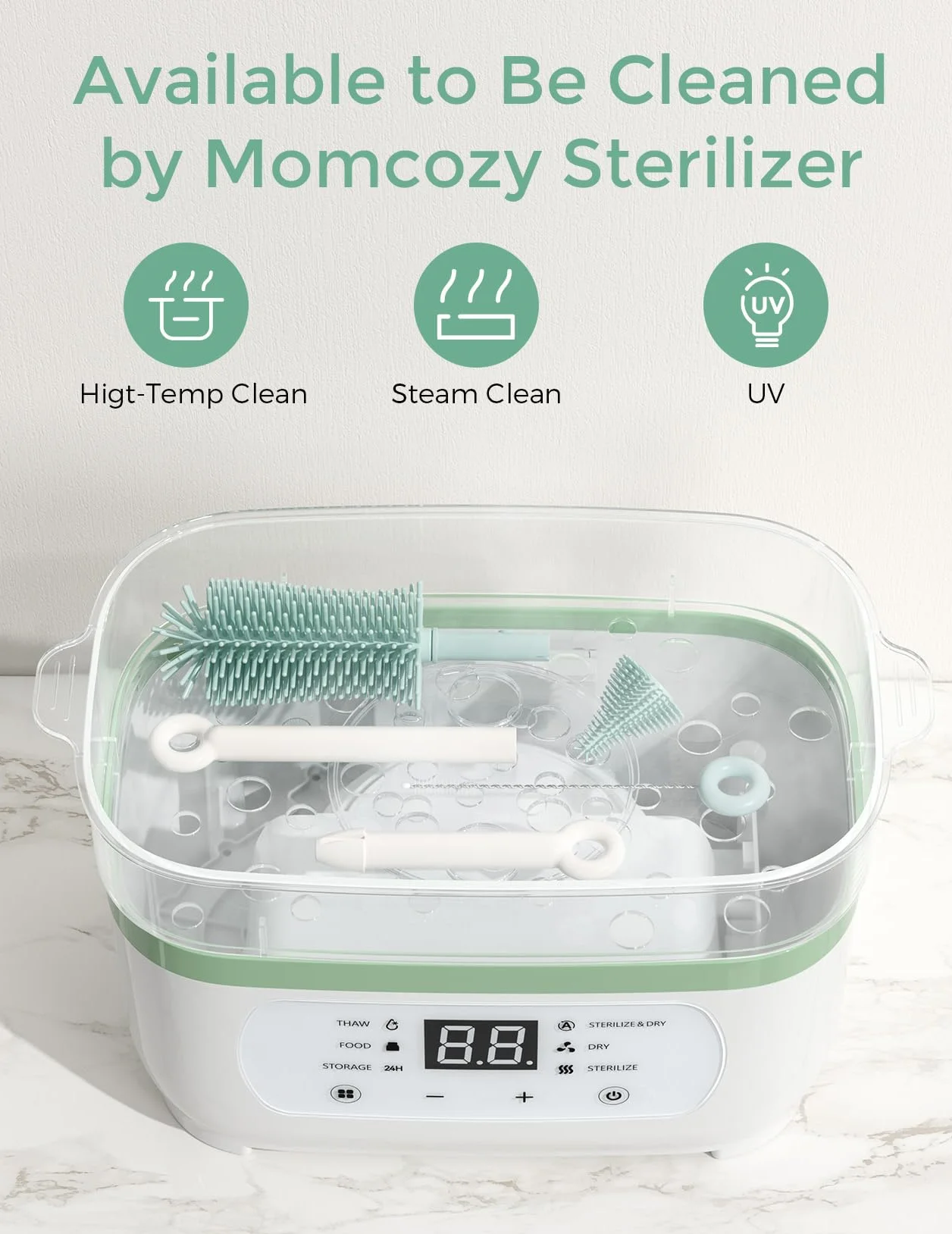 Momcozy Zestaw szczotek do butelek – zestaw do czyszczenia butelek dla niemowląt z silikonową szczotką, szczotką do sutków, szczotką do słomki, dozownikiem mydła, stojakiem do suszenia, narzędzie do