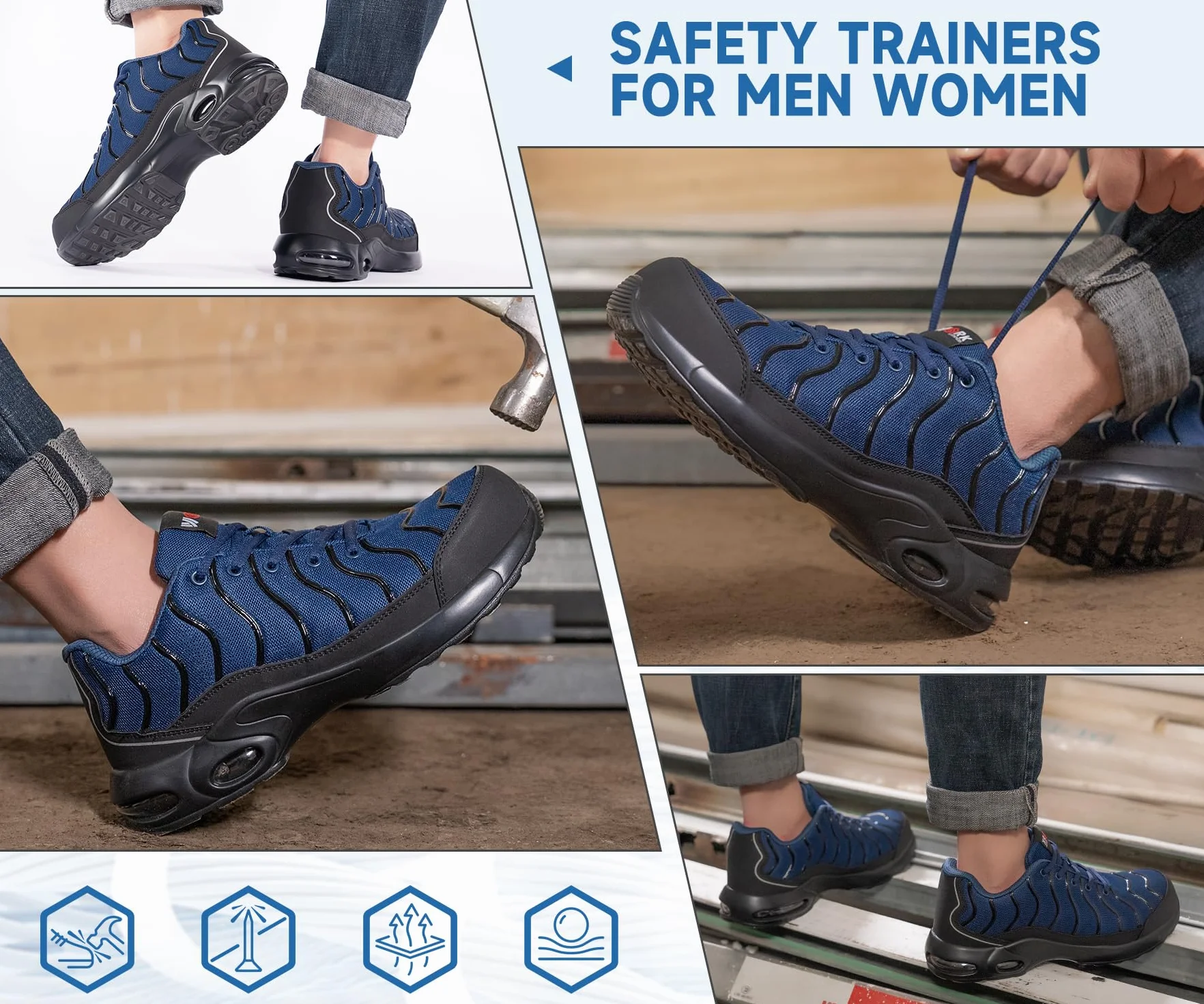 LARNMERN Buty robocze dla mężczyzn i kobiet, lekkie, szerokie i normalne, uniseks, odporne na przebicie, sportowe buty ochronne, stalowe nasadki, komfortowe, oddychające, amortyzacja, poduszka