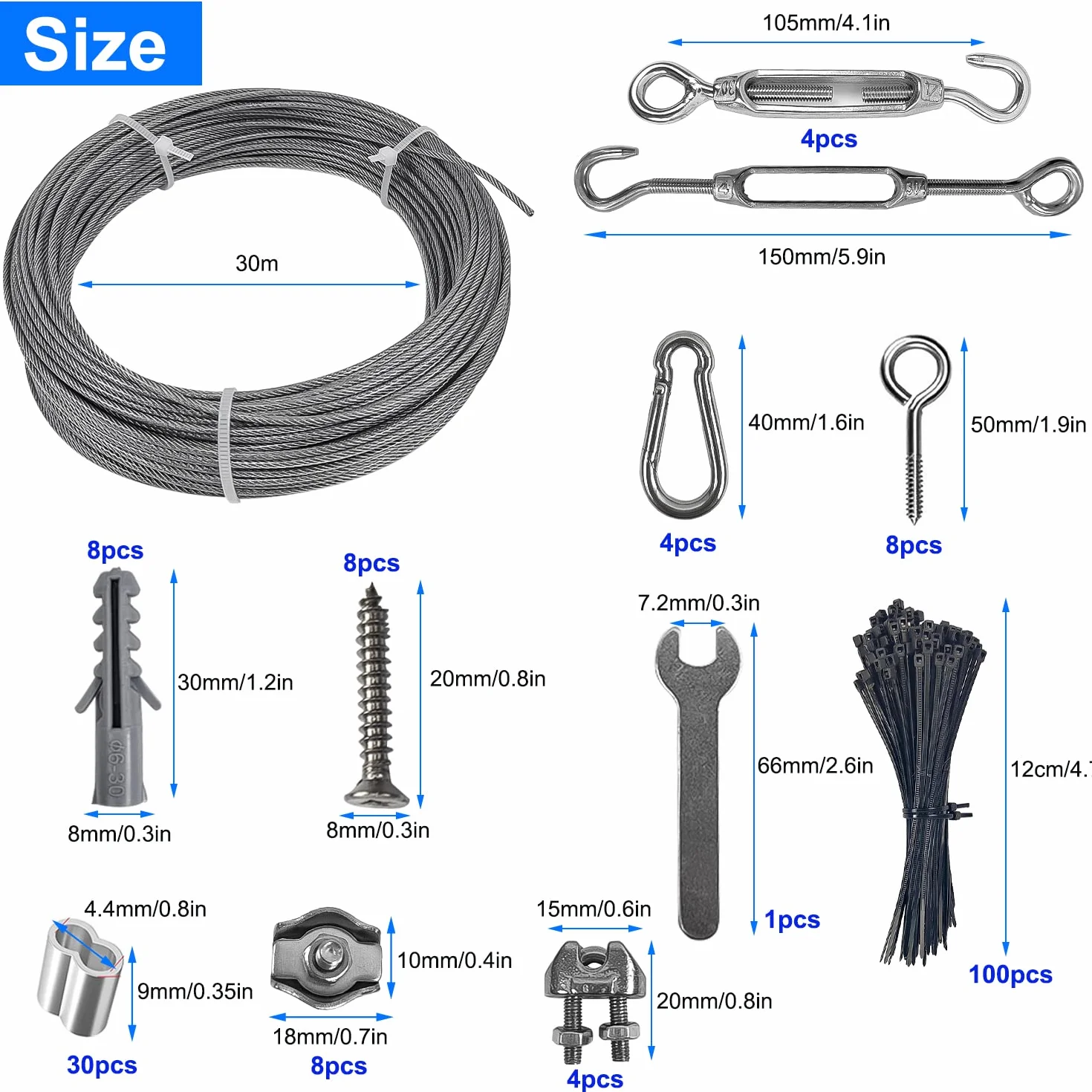 172 szt. Zestaw napinaczy linek ze stali nierdzewnej, 30 m Φ2 mm powlekany PVC kabel ze stali nierdzewnej, napinacz M4 i haczyk, zacisk do kabli metalowych, do zewnętrznego drutu do prania