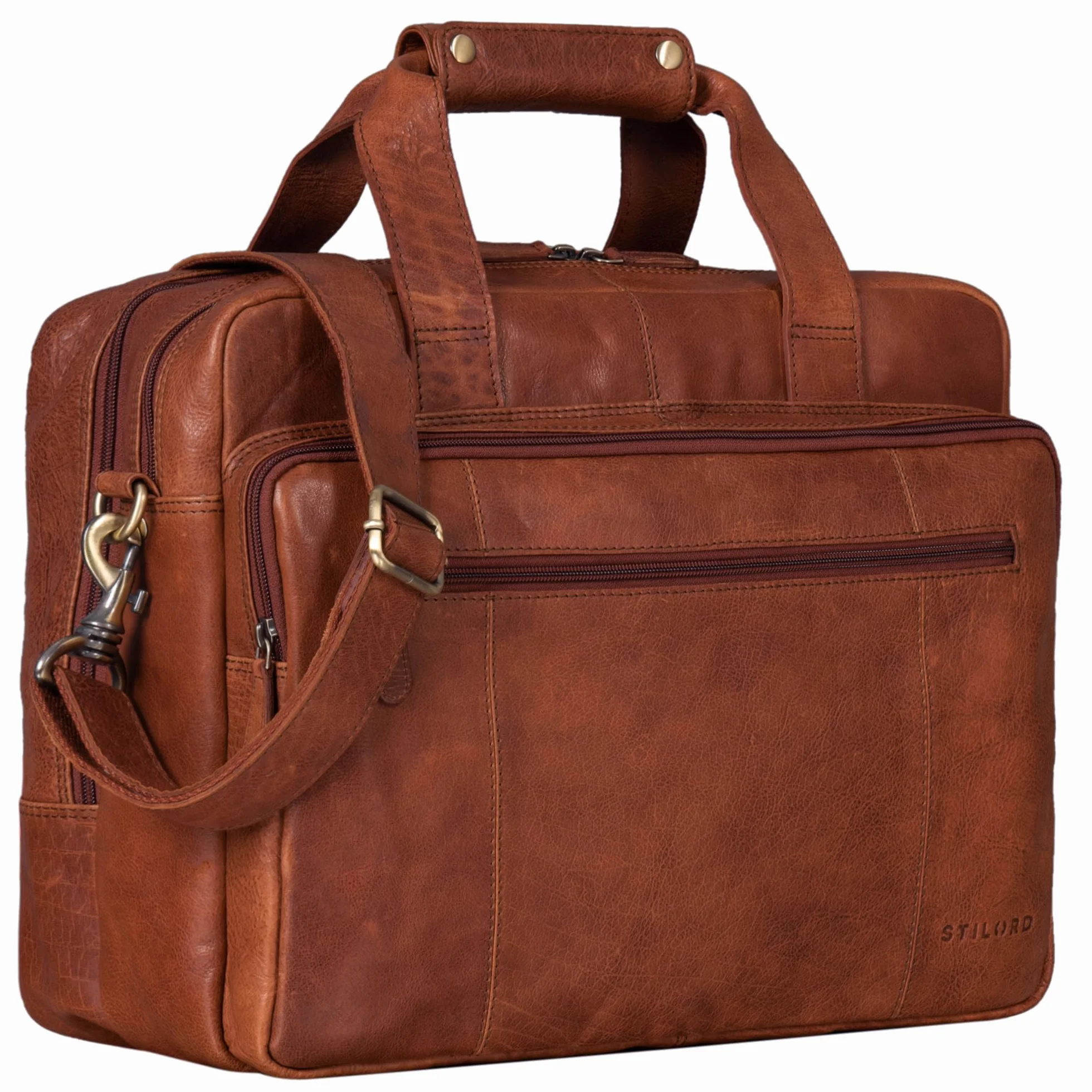 STILORD "Experience" Vintage Teacher's Bag Skóra duża dla mężczyzn Kobiety XL Teczka na ramię lub torba na ramię do wózka na laptopa z możliwością dołączenia Kolor:koniakowy - ciemnobrązowy