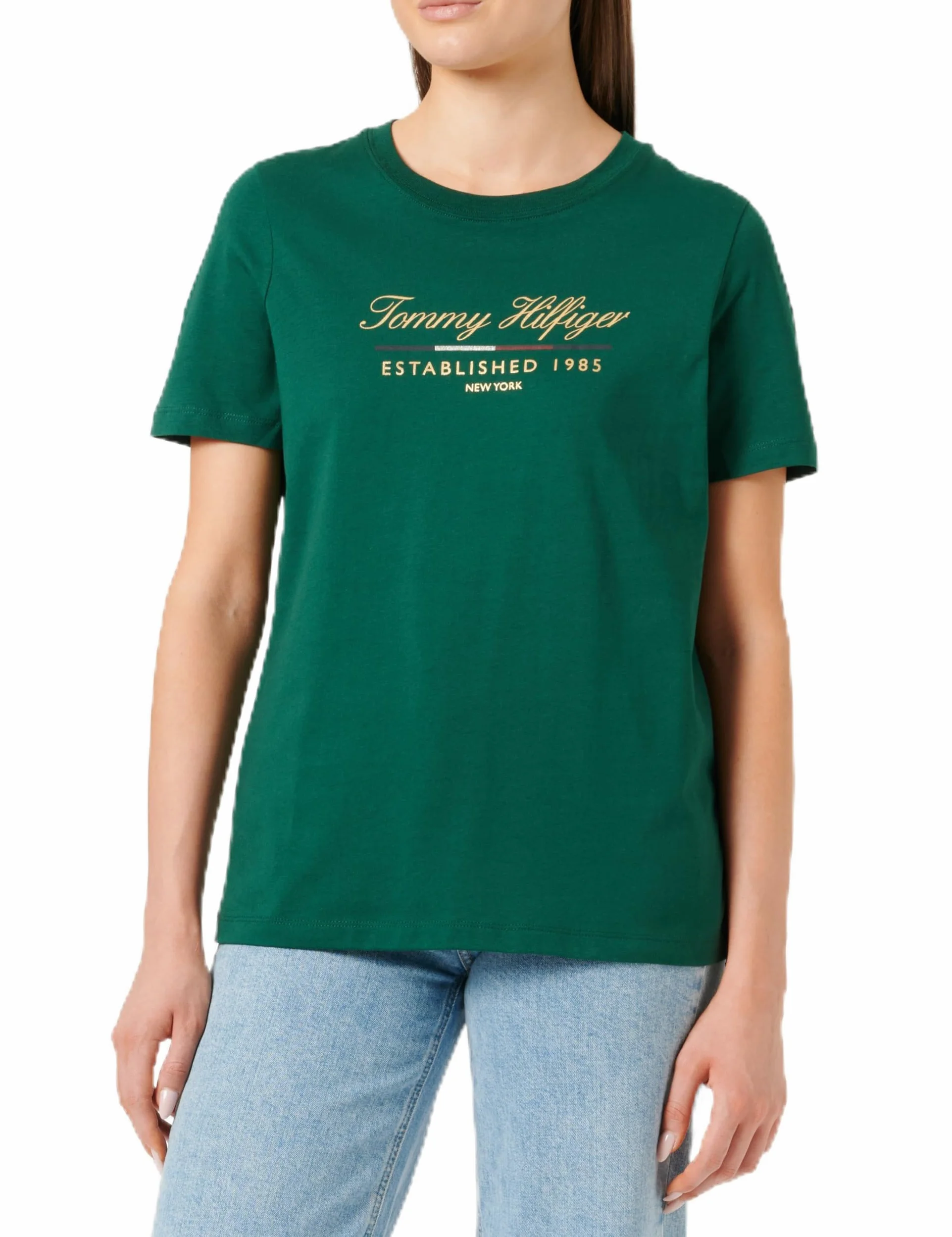 Tommy Hilfiger Damska koszulka REG Script Graphic C-NK SS WW0WW43502 S/S, ozdobna zieleń, M, Zielony (ozdobny zielony), M