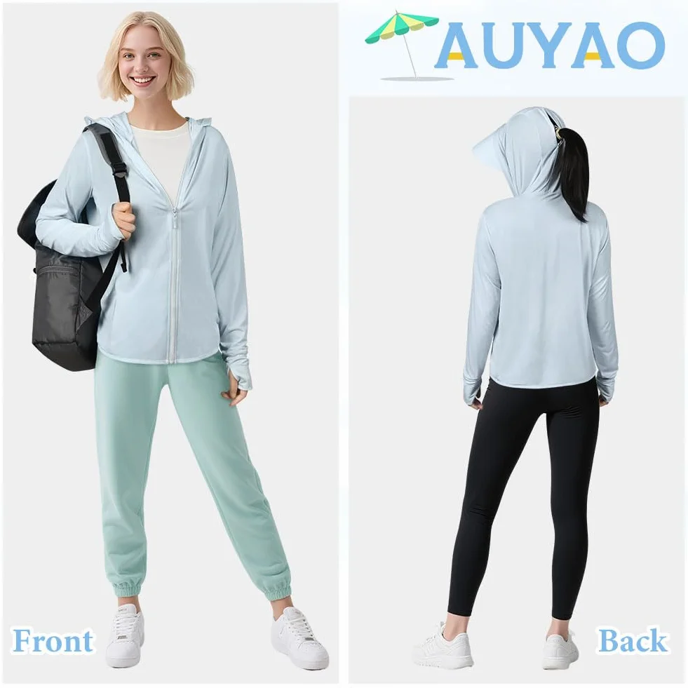 AUYAO Letnia bluza z kapturem UV UPF 50+, zamek błyskawiczny anty-UV rondo z kapturem ochrona przed słońcem, lekka kurtka z kapturem ochrona przeciwsłoneczna z kapturem