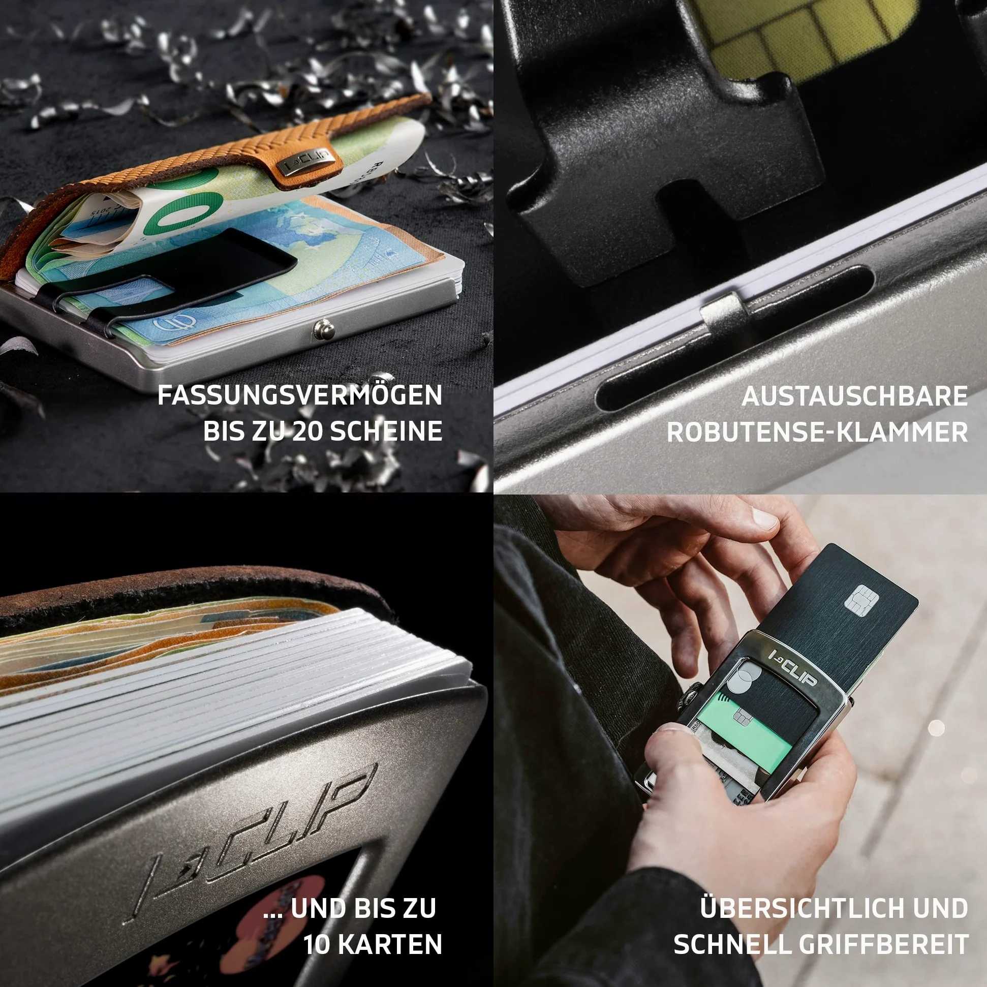I-CLIP Portfel ze stali nierdzewnej z wymiennym klipsem na banknoty - portfel slim - portfel skórzany - portfel premium - etui na karty ze stali nierdzewnej - Milanaise wykończenie satynowe Urban Grey