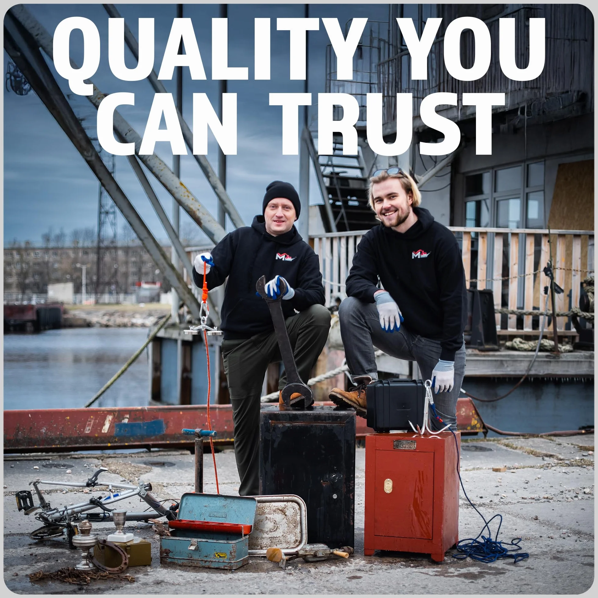 MAGFISHION Dwustronny Zestaw do Magnetycznego Wędkarstwa - Siła Przyciągania 300KG (2x 150kg) - Ø60mm - Magnes Neodymowy z 2 Linami, Hak Grabiący & Rękawice - Magnes Ryba