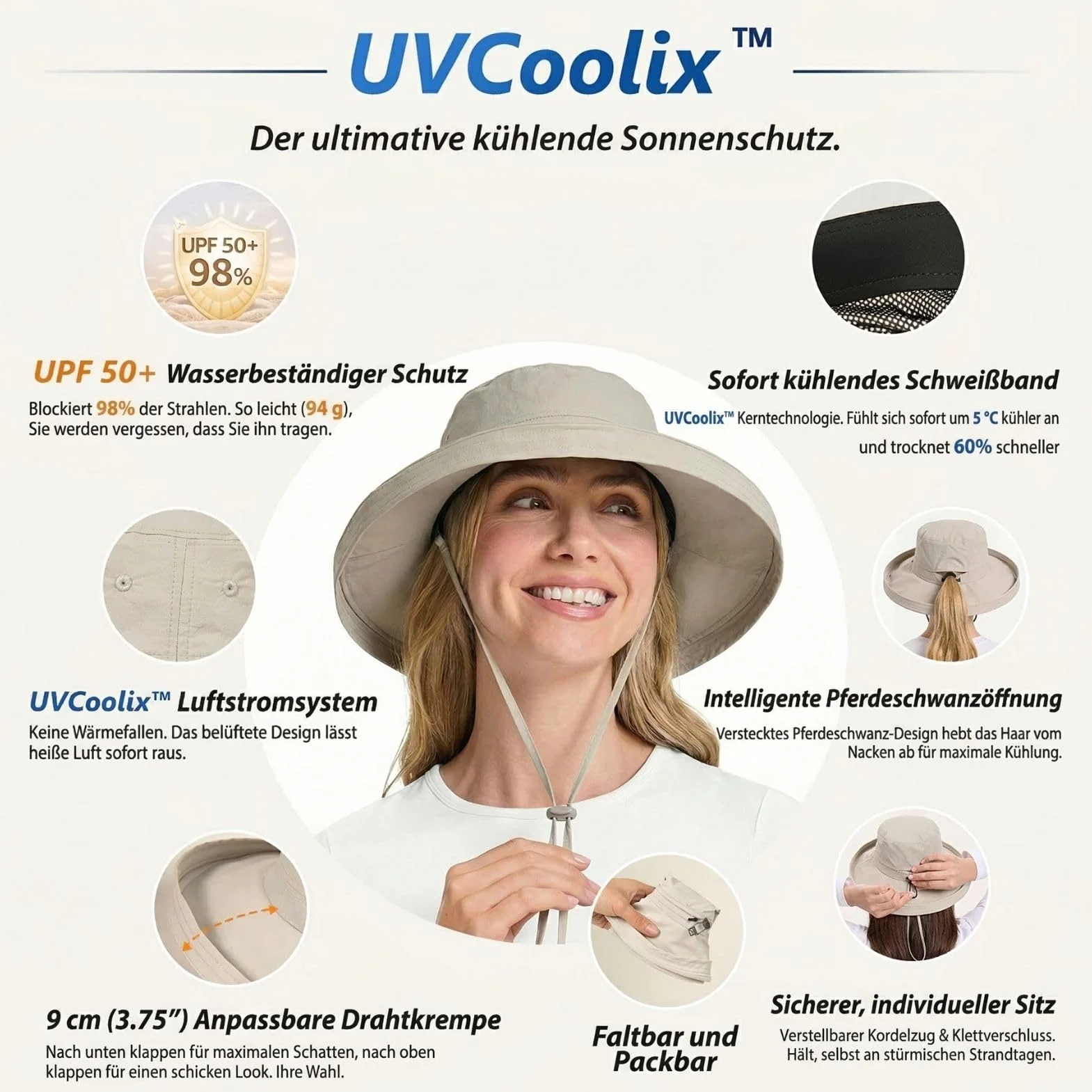 UVCoolix damski kapelusz przeciwsłoneczny UV UPF 50+ szerokie rondo składany