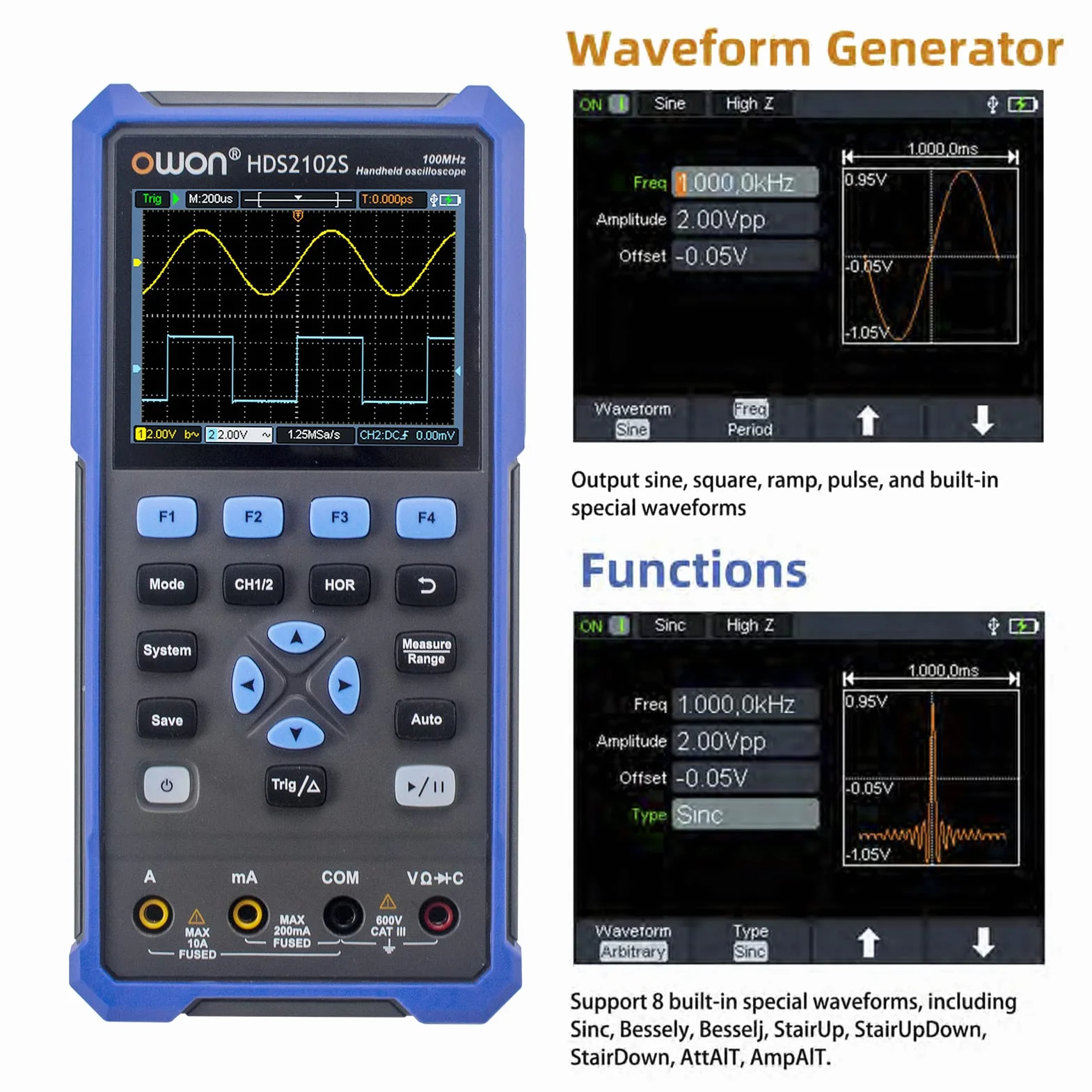 OWON HDS2102S 2-kanałowy oscyloskop ręczny 100 MHz szerokość pasma 20000 multimetr OSC + DMM + generator kształtu fali
