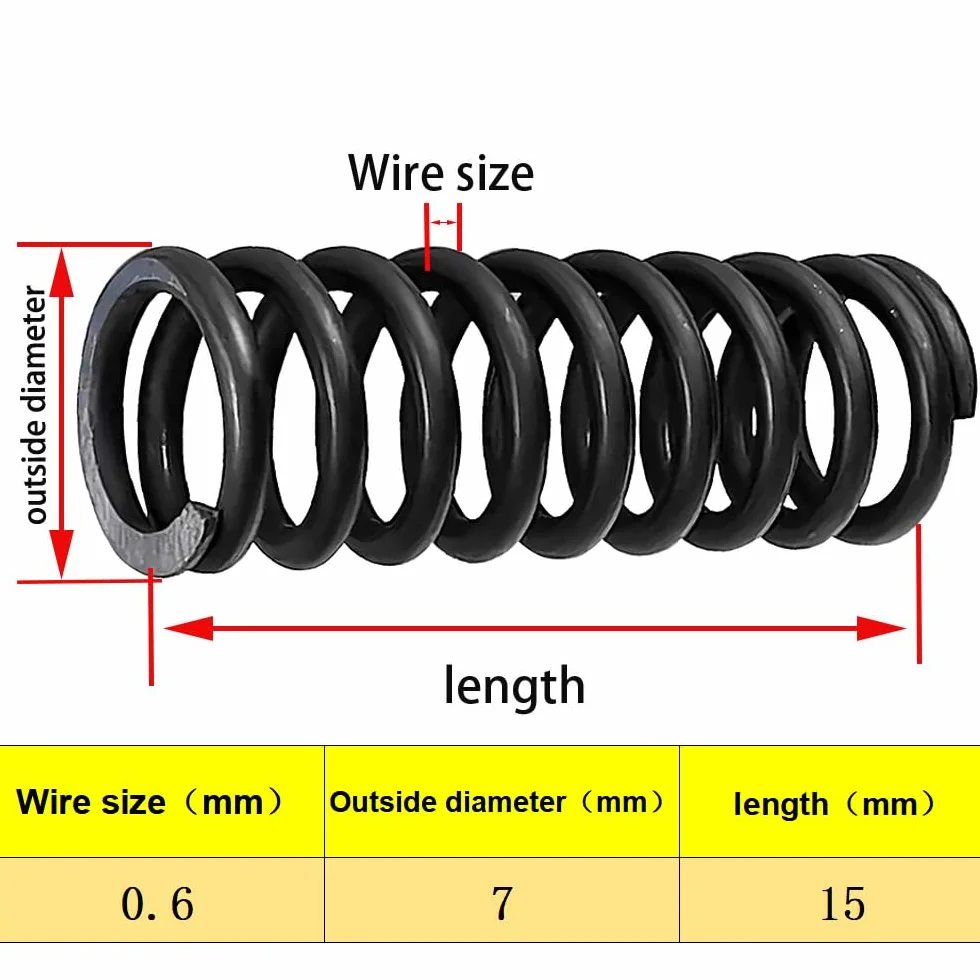 10 sztuka Sprężyna ściskana ze stali sprężynowej 65Mn 0.6x7x15mm - Średnica drutu 0.6mm,Średnica zewnętrzna 7mm,Długość 15mm