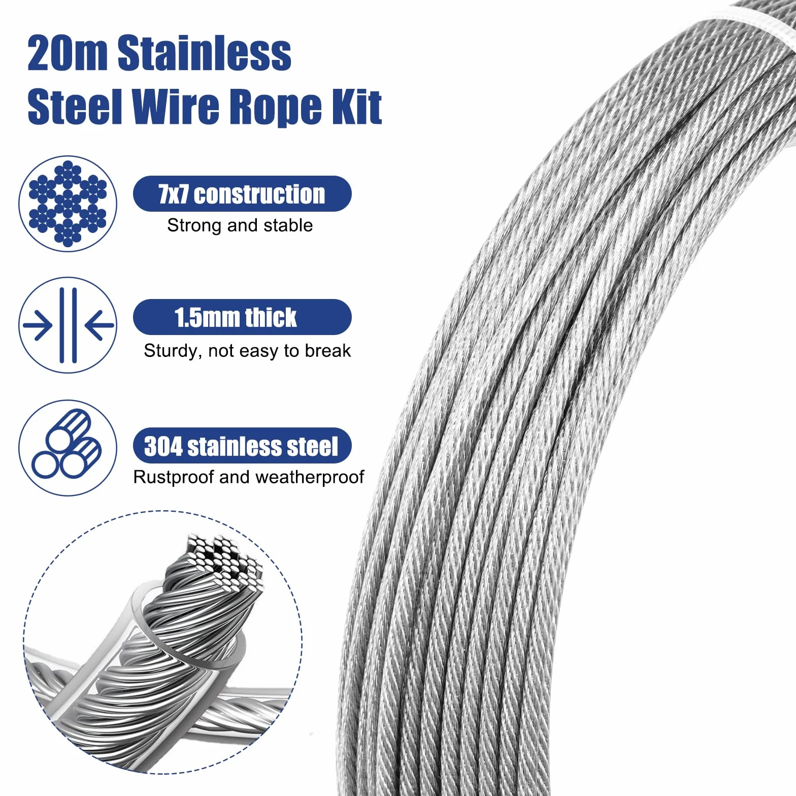 Kabel ze stali nierdzewnej 20 m, linka druciana 1,5 mm