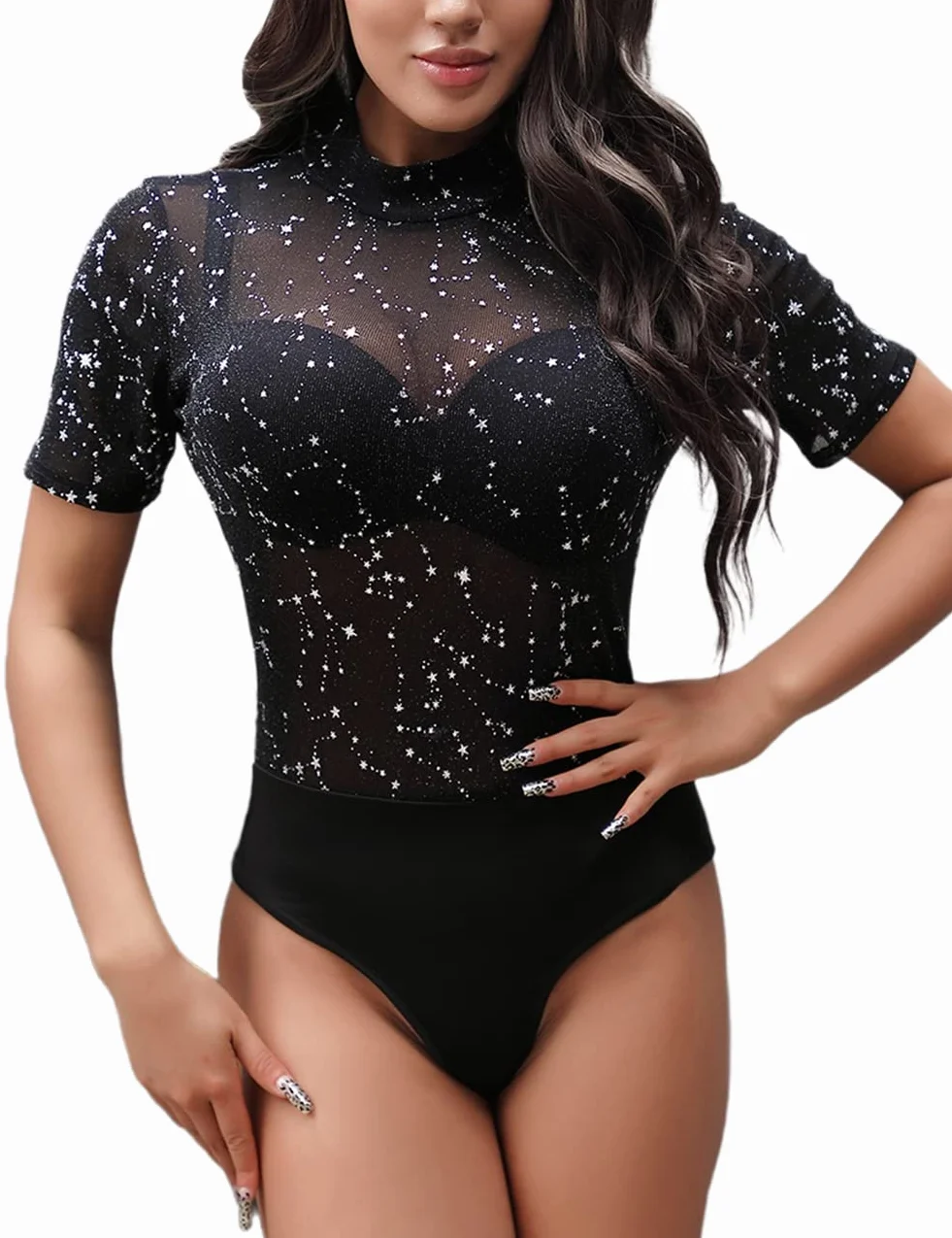 Elegancki Przezroczysty Sheer Mesh Bodysuit Top Club Party Bodycon Bluzka
