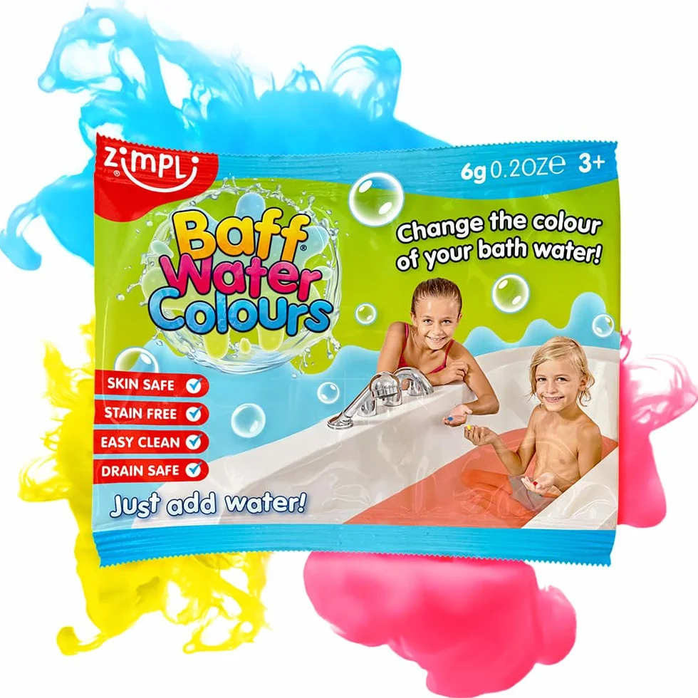 ZIMPLI - Baff Water Colours Party Bag Filler, 3 tabletki w każdej torebce, niebieskie, czerwone lub żółte, zmieniające kolor tabletki do kąpieli dla dzieci, prezenty do zabawy Pass the Parcel