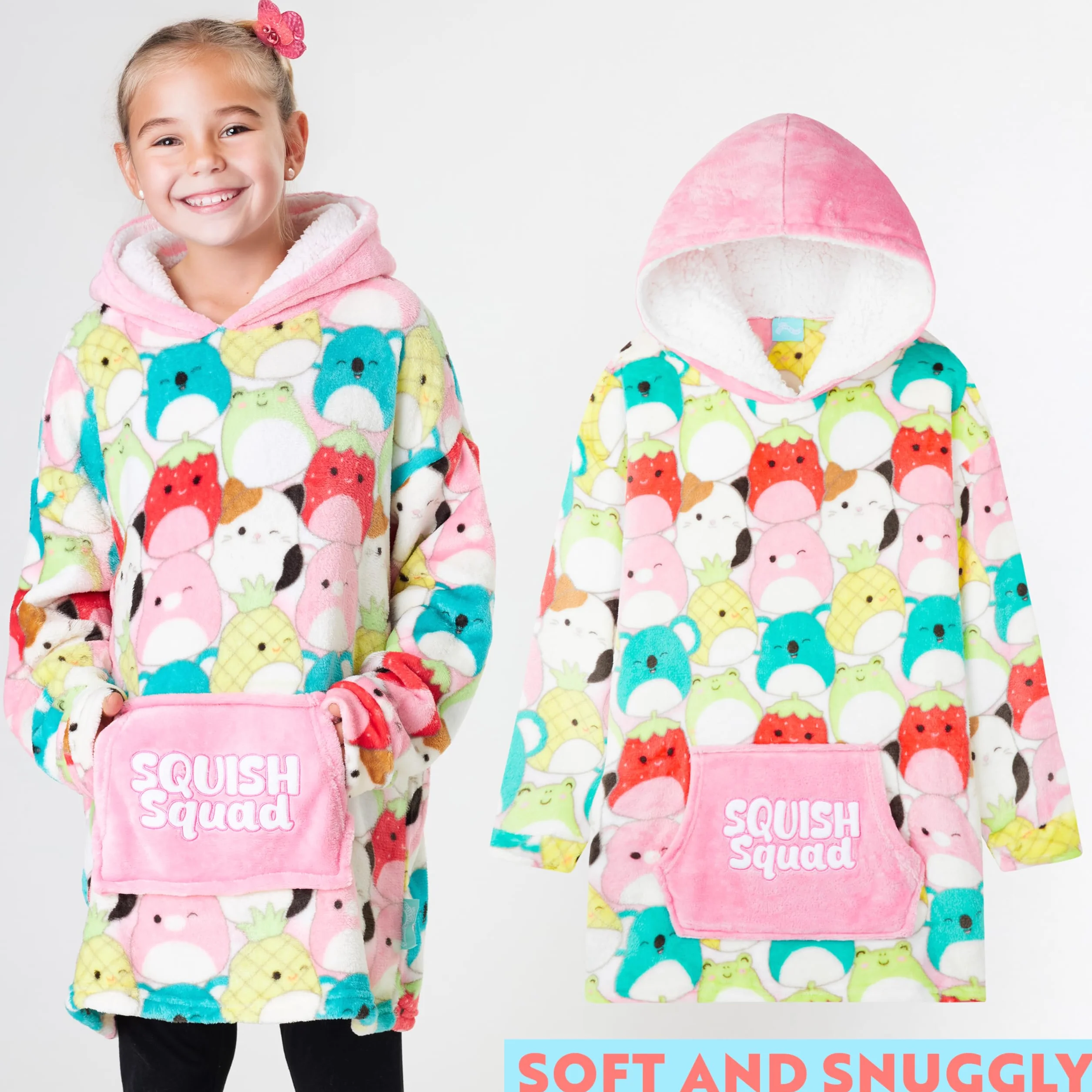 Squishmallows Bluza z kapturem dla dziewczynek w wieku 6-14 lat, śliczny polarowy koc bluza oversize, prezenty dla niej