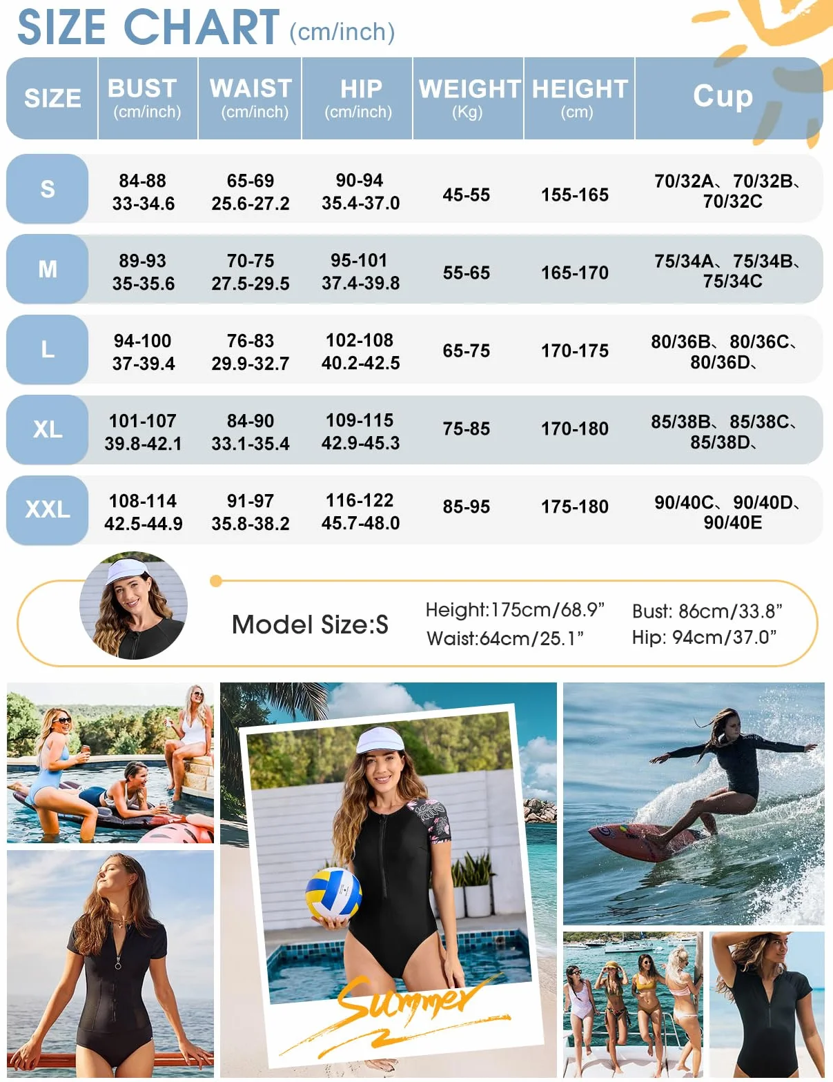 Tuopuda Strój kąpielowy damski reduktor jednoczęściowy z zamkiem z przodu, monokini z wkładkami, vintage nadruk, slim fit, do pływania i surfingu