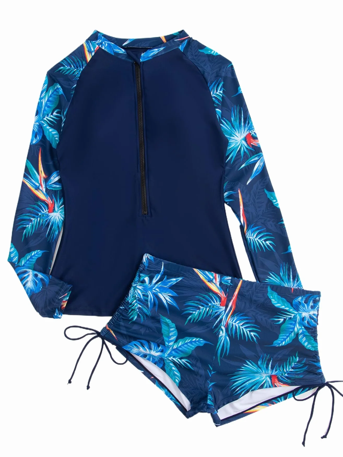 Owntop 2-częściowy Rash Guard Rash Guard Rash Vest damska, stroje kąpielowe z długim rękawem UV UPF 50+, koszula pływacka, zamek błyskawiczny, kwiatowy strój kąpielowy z wysokim stanem, do pływania,