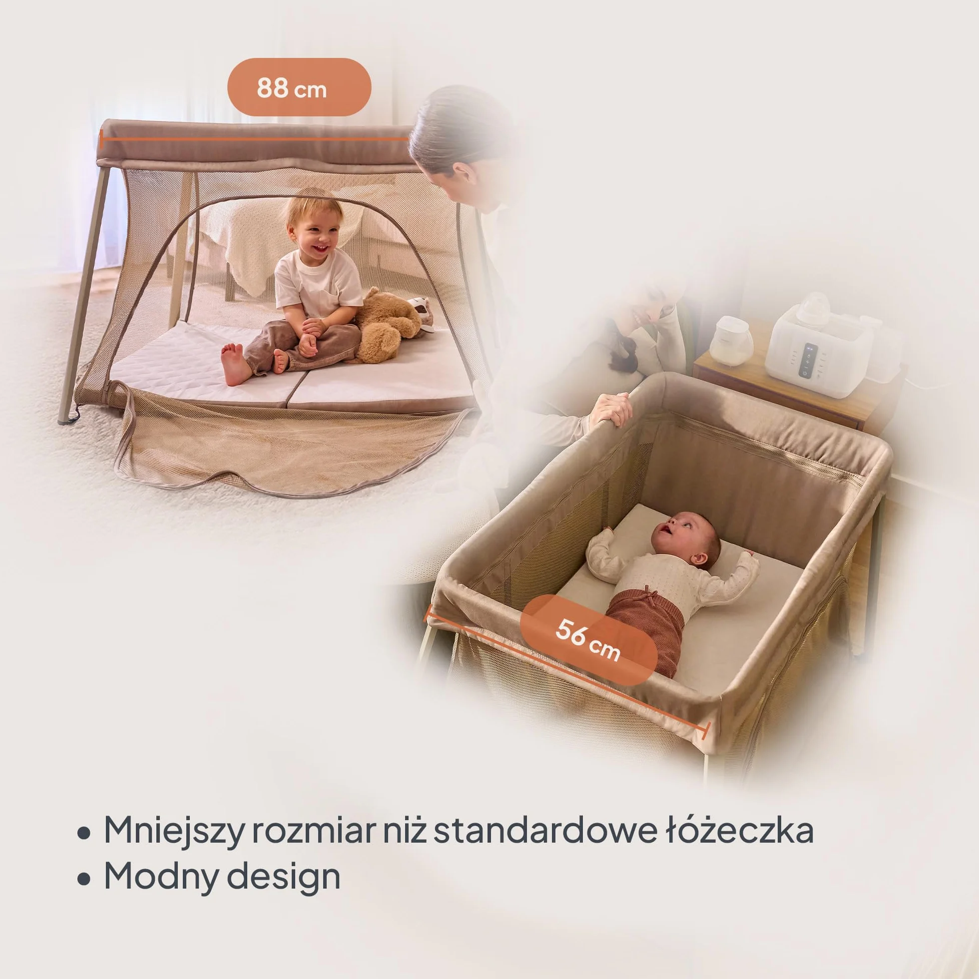 lionelo Łóżko podróżne do parku dziecięcego 3 w 1 Alicja 0-15 kg materac piankowy, 2 poziomy wysokości, składane, małe, lekkie, wejście boczne, torba podróżna (beżowy)