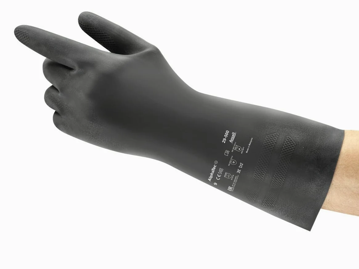 Ansell Alphatec 29-500 Rękawiczki Ochrona chemikalia w neoprenu, bardzo wysoka odporność chemikalia i niebezpieczne płyny, męska rękawiczka, czarna, rozmiar XL (12 par)