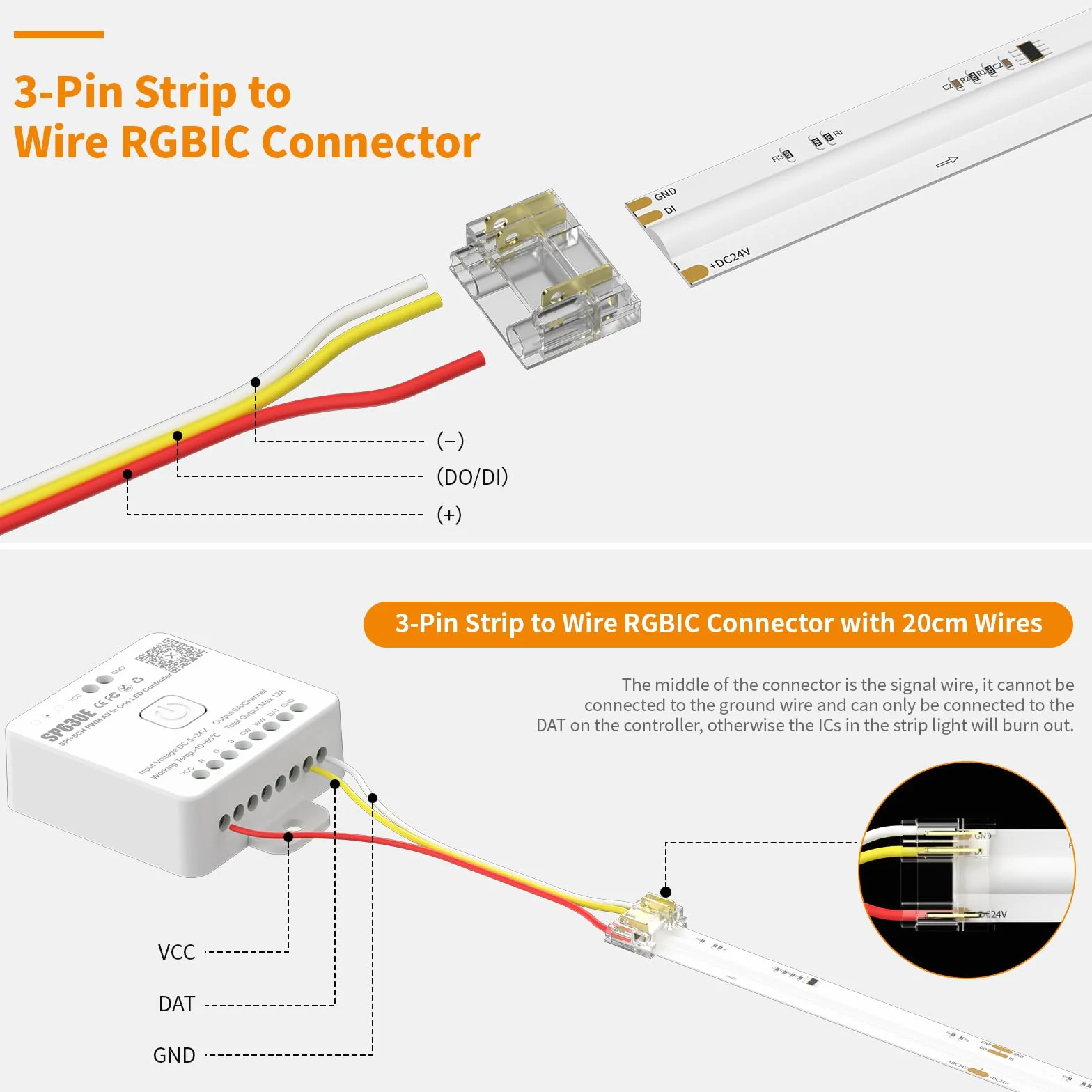 PAUTIX COB LED zestaw złączy do taśm RGBIC COB LED, 3-biegunowy zestaw przyłączy bez lutowania, pasek do wtyczki, wtyczka, bez przerw