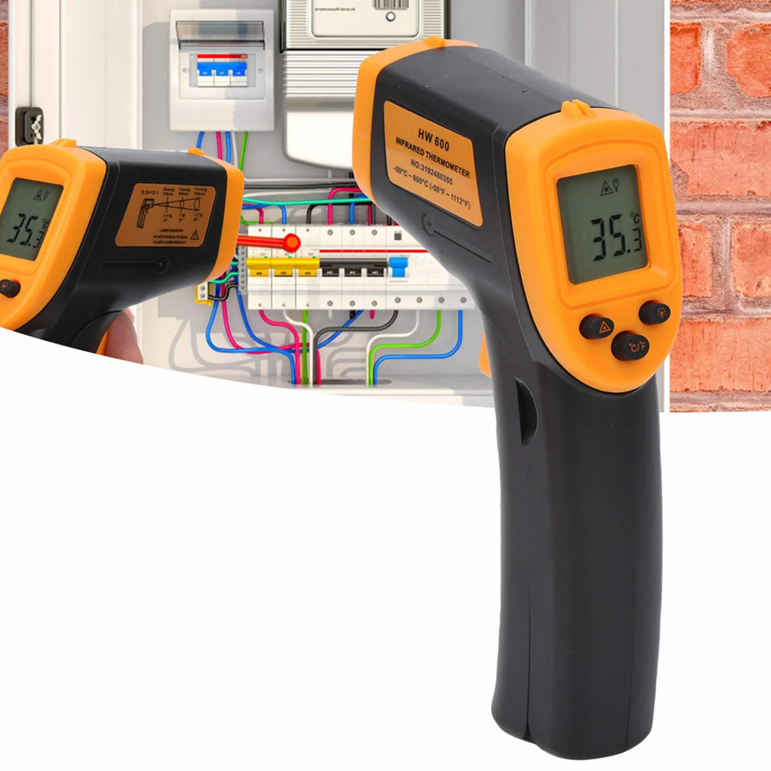 LCD Termometr na podczerwień Bezdotykowy Cyfrowy Pistolet do Pomiaru Temperatury Ręczny Miernik Temperatury Pistolet do Pomiaru Temperatury od -50 ℃ do 600 ℃ (Żółty)