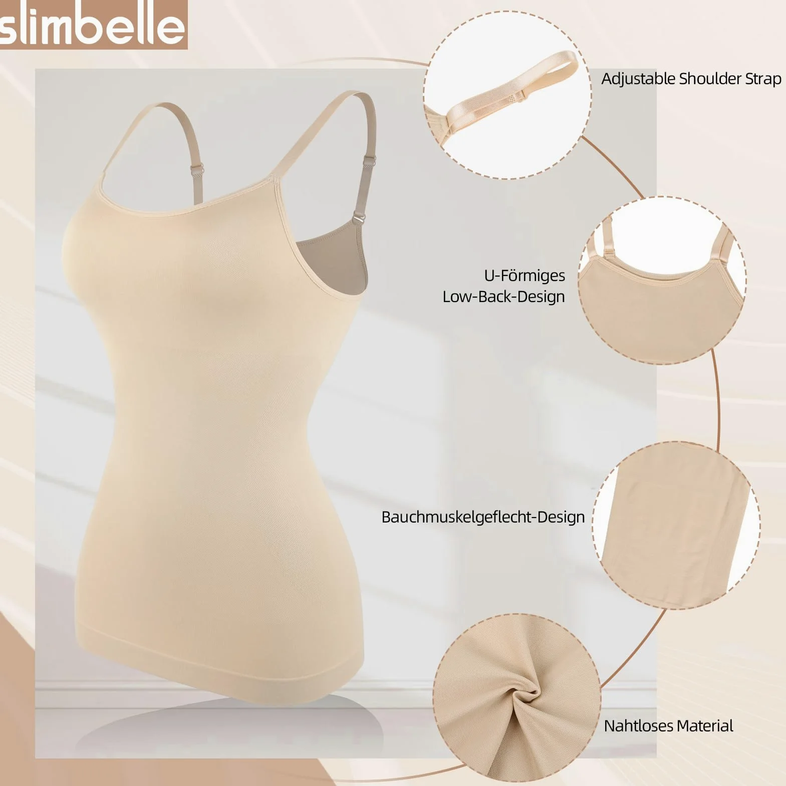 SLIMBELLE Damski podkoszulek wyszczuplający brzuch, bezszwowa bielizna modelująca brzuch, seksowny top na ramiączkach, damski top z ramiączkami typu spaghetti, top damski modelujący