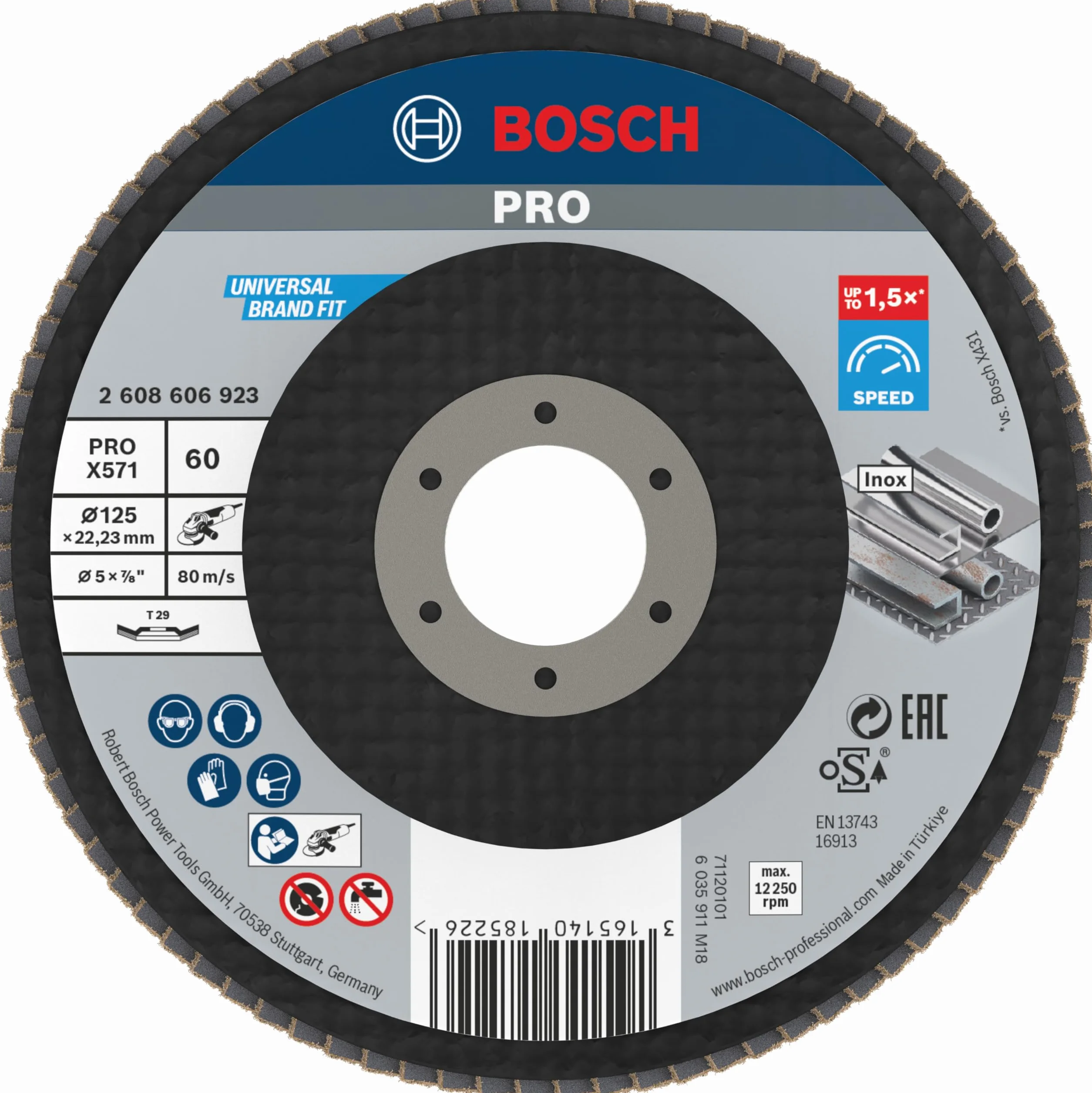 Bosch Professional Tarcza Listkowa X571 Best For Metal+Inox 125mm G60 Wygięta (do stali, stali nierdzewnej, INOX, spawów, Akcesoria do Szlifierek Kątowych)