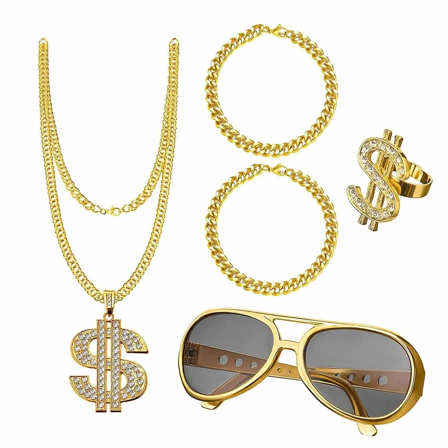 Zestaw kostiumowy hip-hopowy w stylu lat 80., złoty dolar, łańcuszek i złota bransoletka, pierścień, okulary, osobowość, hip-hop, kostium dla mężczyzn, lat 80-tych, 90., kostium rapera, na