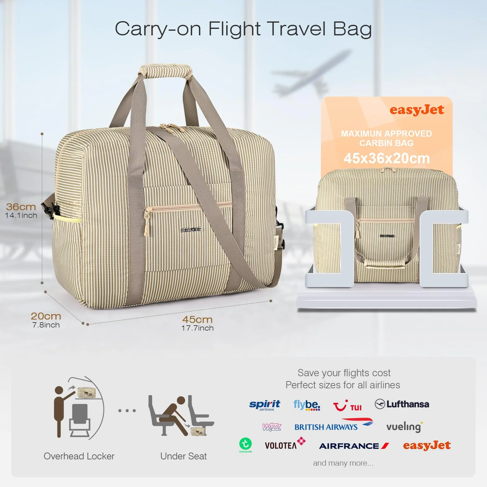 SPAHER Torba Podróżna Easyjet 45x36x20 Składana Wodoodporna Bagaż Podręczny Cabin Bag z Odłącznymi Paskami