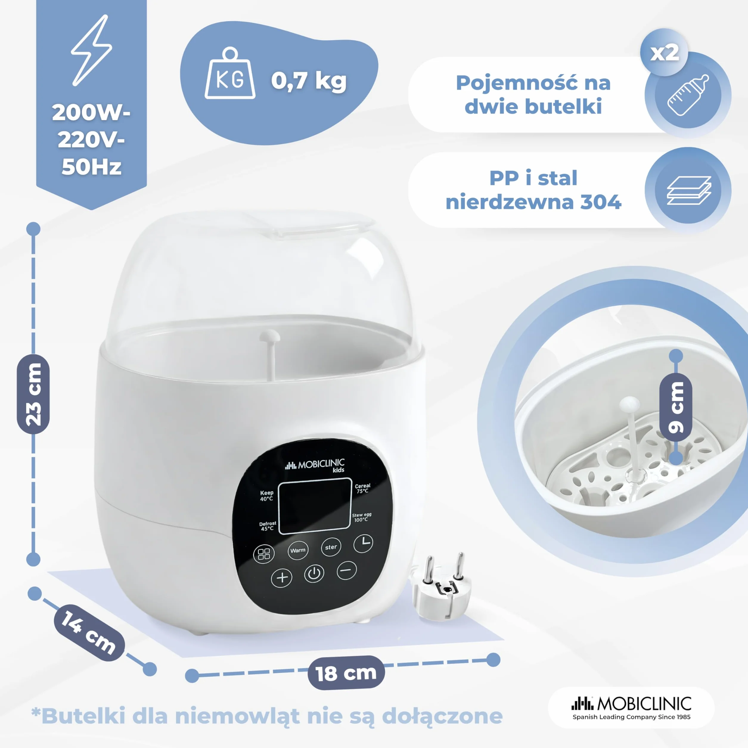 Mobiclinic®, Podgrzewacz i Sterylizator do Butelek, 6 w 1, Podwójna Pojemność, Rozmrażanie, Programowalny, Utrzymuje Temperaturę, Szybkie Nagrzewanie, Ekran LCD, Kompaktowy, Przenośny, Bibidu