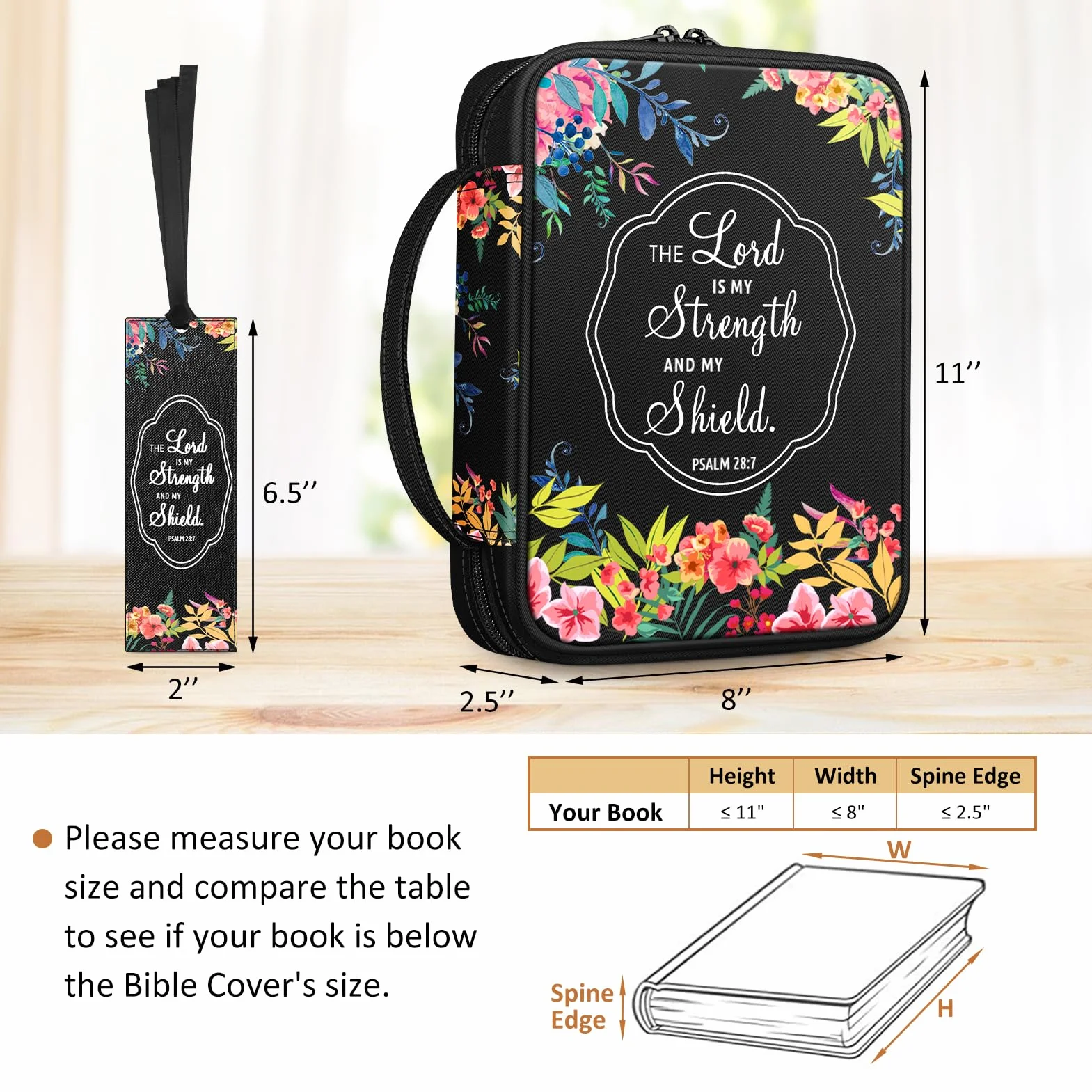 FINPAC Bible Cover, Carrying Book Case Church Bag Bible Protective with Handle and Zippered Pocket, Gift for Mother Lady Women Men, Floral Black