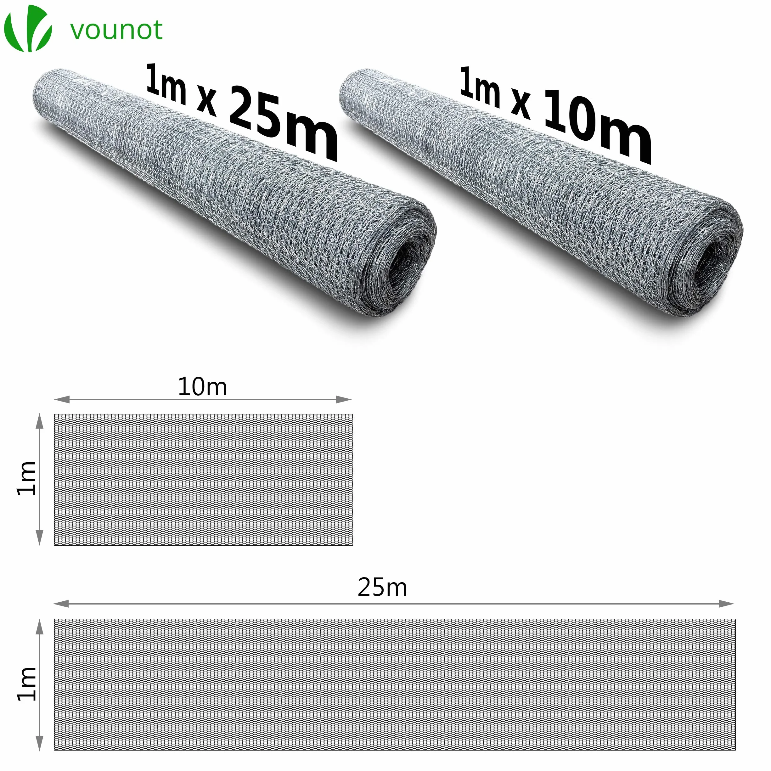 VOUNOT Ogrodzenie z siatki sześciokątnej, ogrodzenie z drutu dla królików, drut z kurczaka, rozmiar oczka 13 mm, wysokość 100 cm, długość 25 m, ocynkowany srebrny