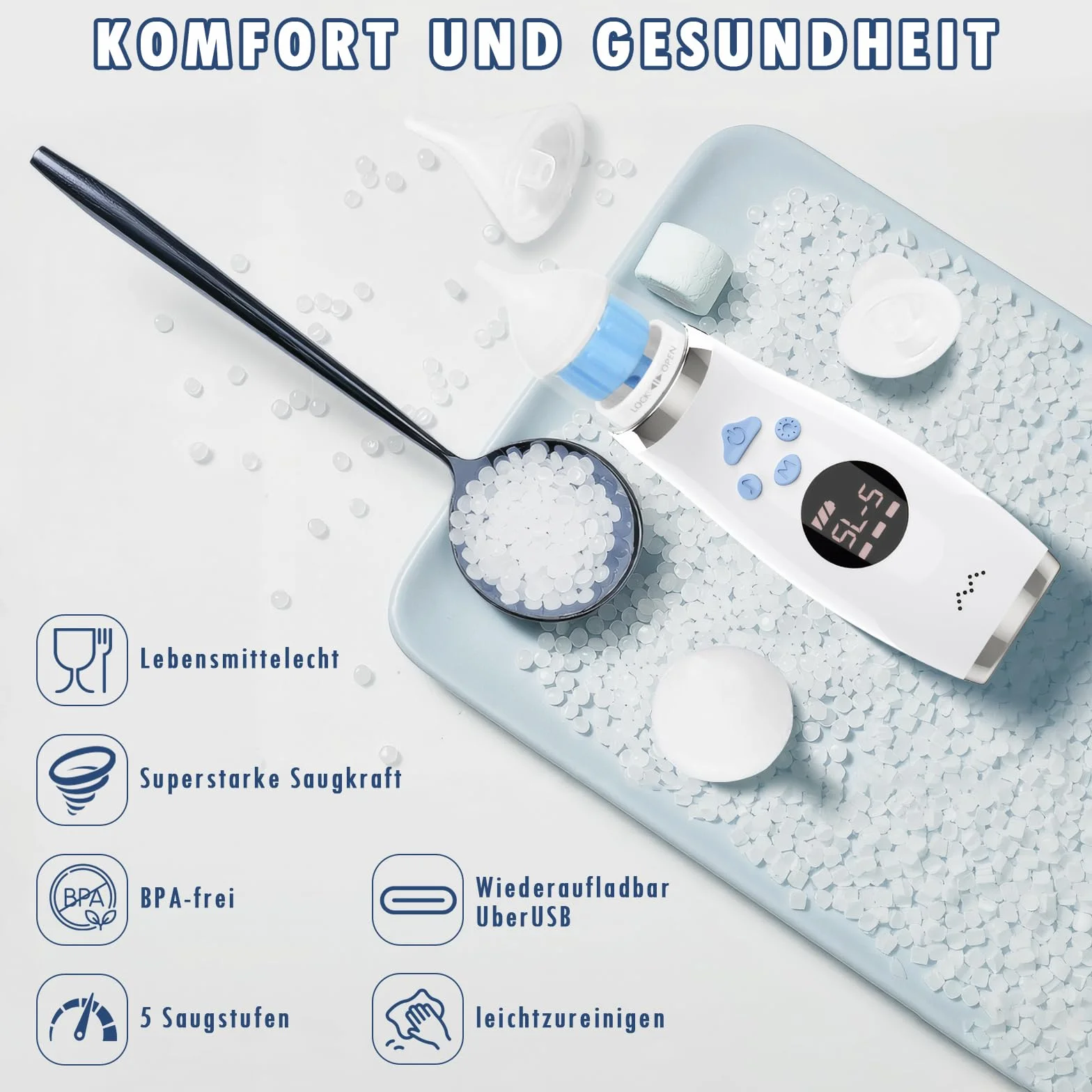 Elektryczny aspirator do nosa dla niemowląt, z 5-stopniową siłą ssania i 3 wymiennymi końcówkami silikonowymi, zintegrowana muzyka, uspokajające światło i wyświetlacz LCD