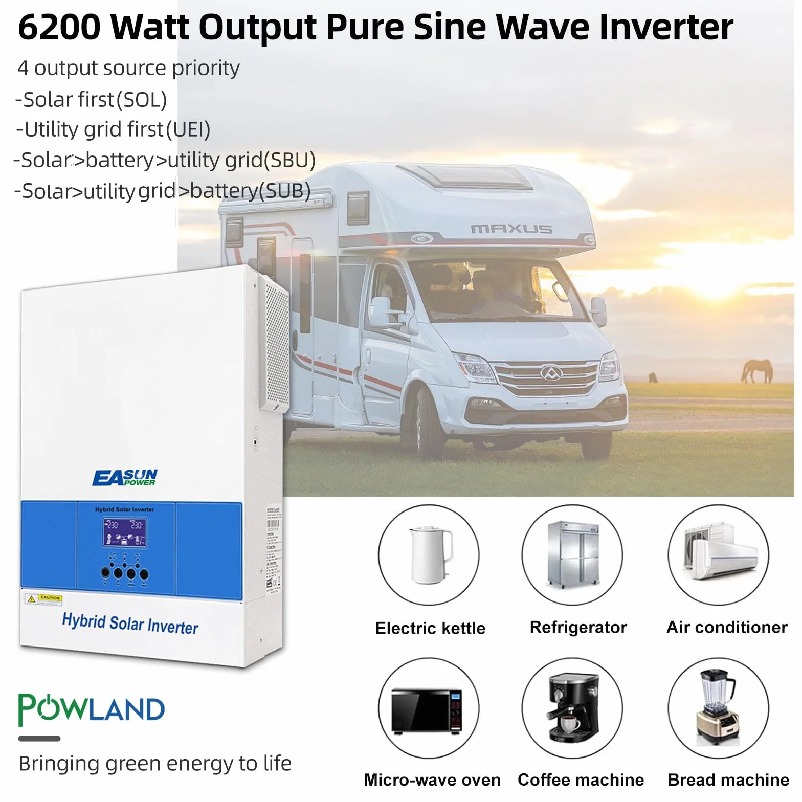 POWLAND 6200W Hybrydowy inwerter 48V, inwerter off-grid z czystą falą sinusoidalną, DC 48V do AC 230V, maksymalne PV 60-500VDC, do akumulatorów ołowiowych i litowych 48V, z modułem WiFi