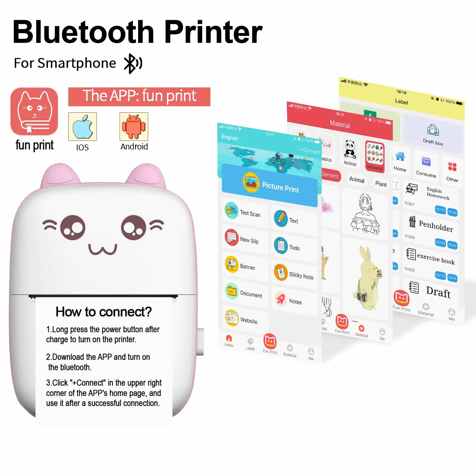 Przenośna drukarka do smartfonów, termiczna drukarka Bluetooth kompatybilna z iPhone iOS Android, mini drukarka do etykiet samoprzylepnych, schowek, naklejki DIY, kolorowanie, pamięć (różowa)