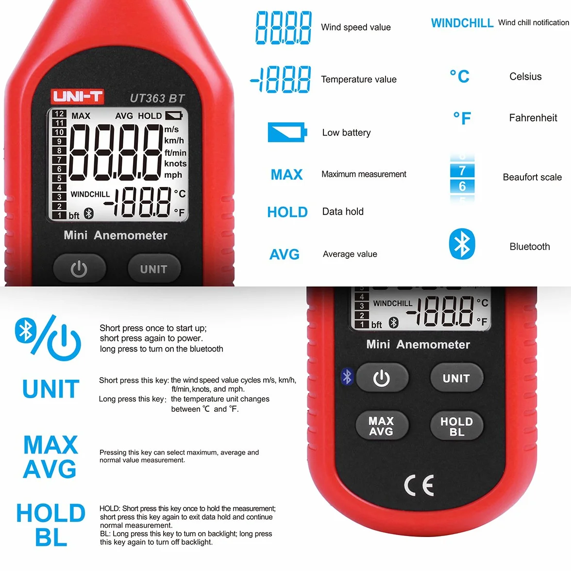 UNI-T Ręczny mini anemometr Bluetooth UNI-T UT363BT ręczny mini cyfrowy anemometr z termometrem i maks./min do zbierania danych pogodowych i sportów na świeżym powietrzu windsurfingu, żeglowania z tyłu